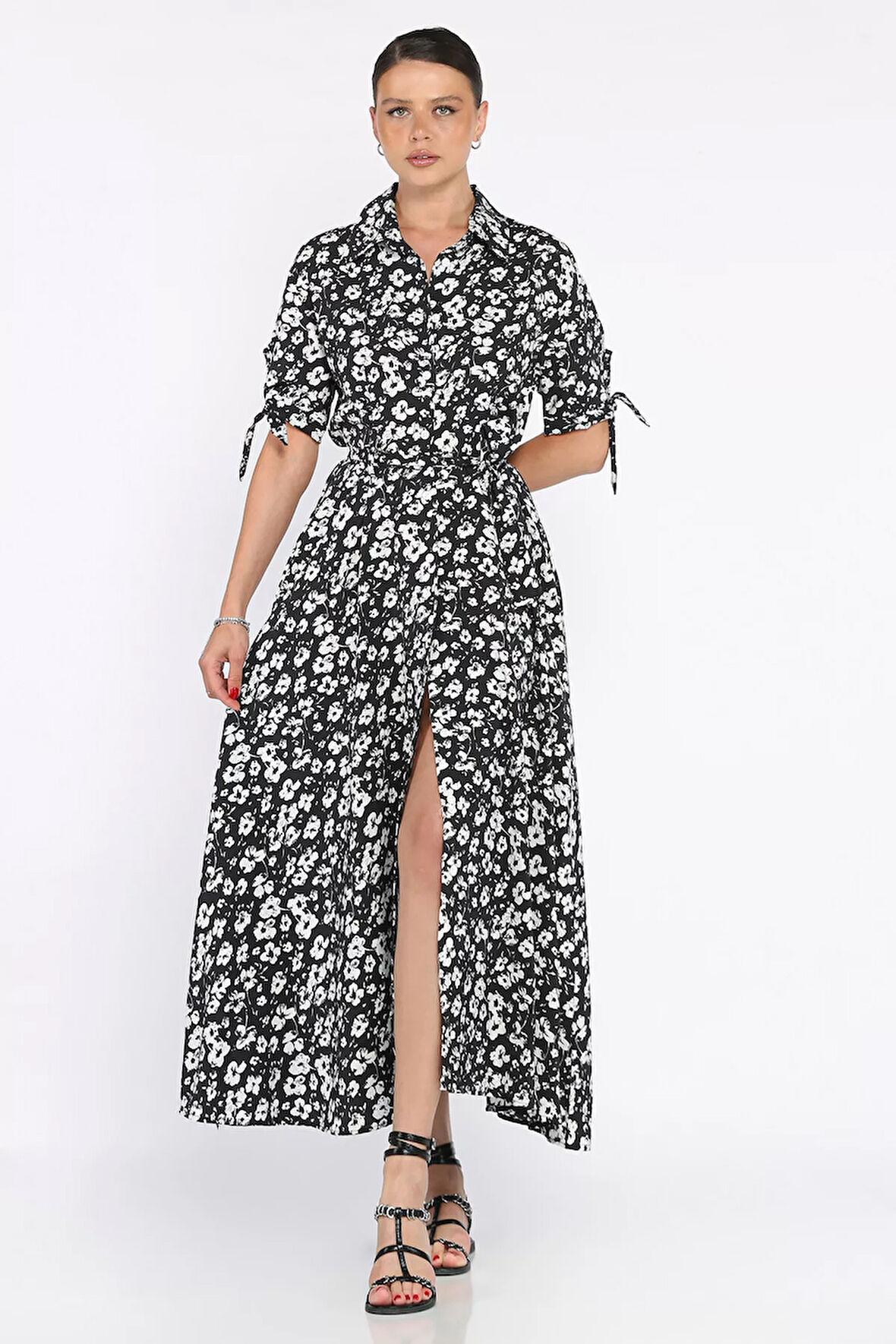 Kadın Düğmeli Çiçek Desenli Kısa Kol Elbise