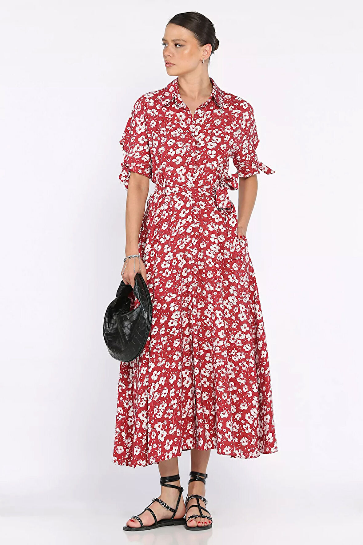 Kadın Düğmeli Çiçek Desenli Kısa Kol Elbise