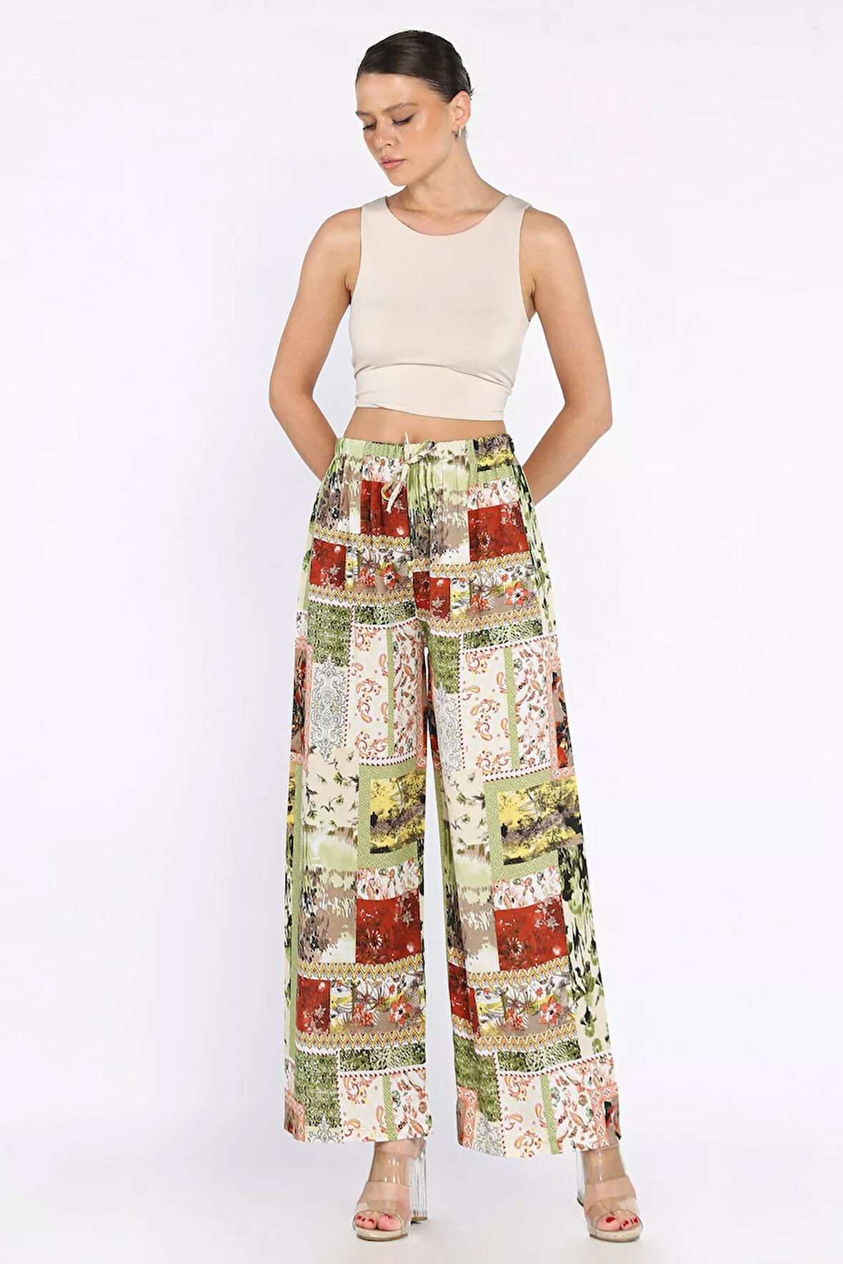 Kadın Bel Lastikli Etnik Desenli Büyük Beden Viskon Yürüyüş Pantolonu