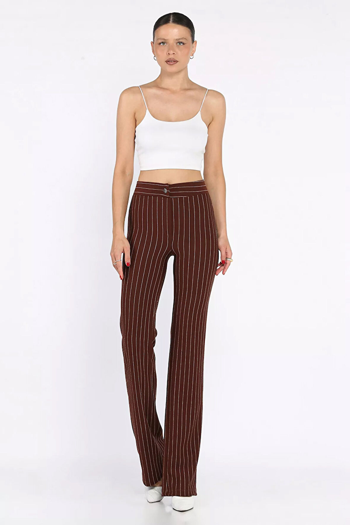 Kadın Çizgi Desenli Boru Paça Pantolon