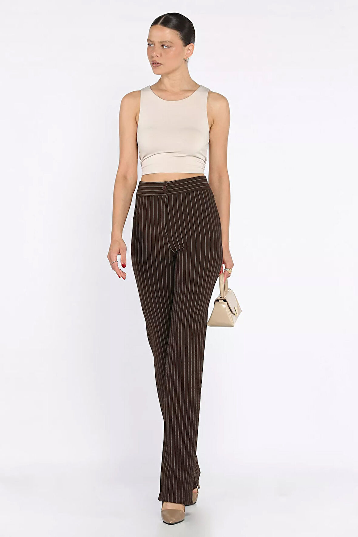 Kadın Çizgi Desenli Boru Paça Pantolon