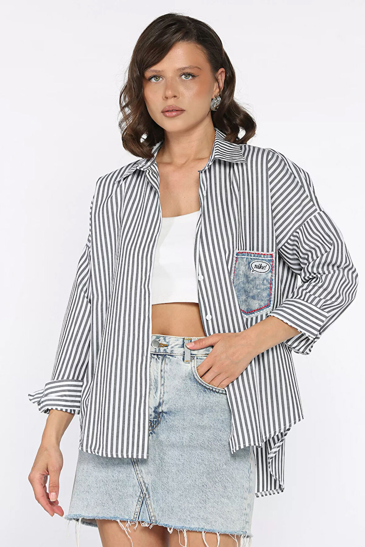 Çizgili Cepli Kadın Salaş Gömlek