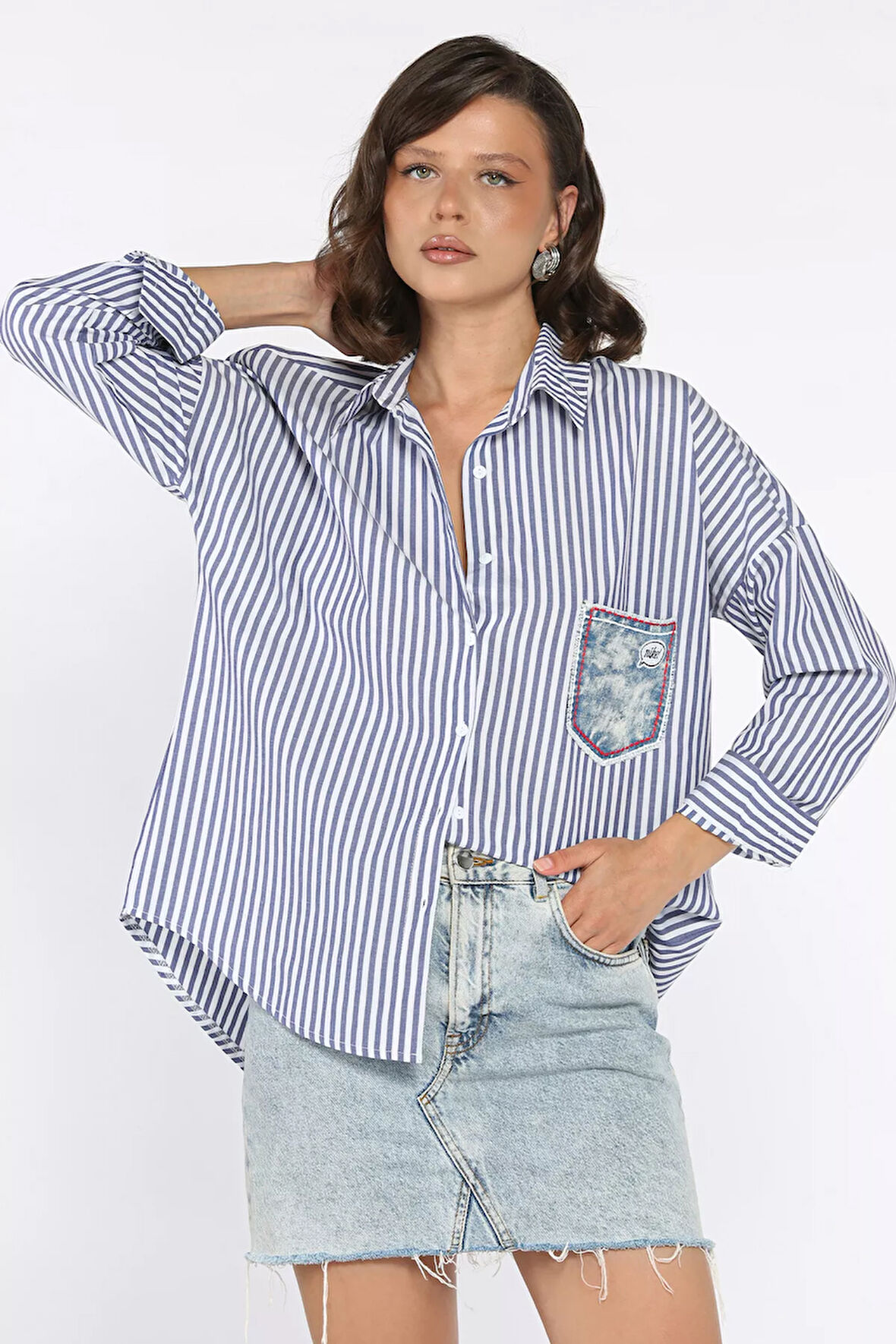 Çizgili Cepli Kadın Salaş Gömlek