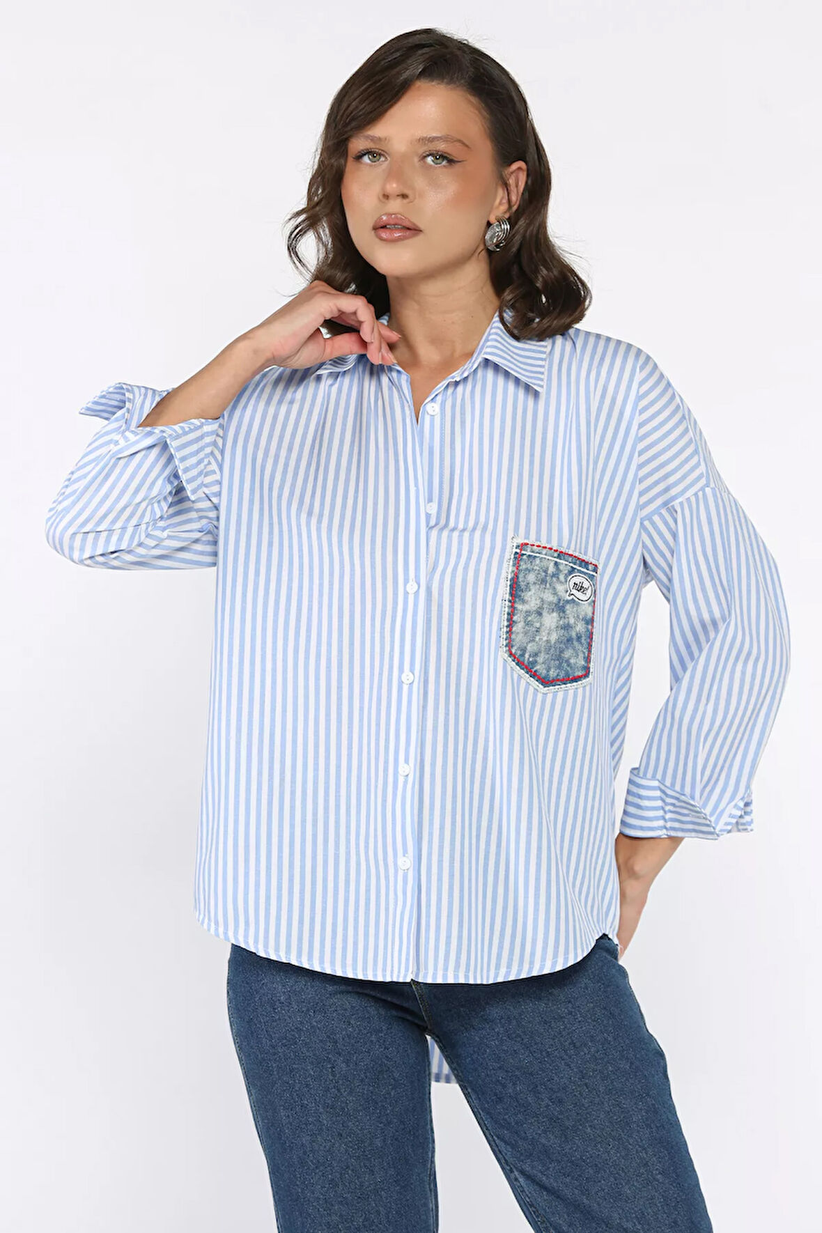Çizgili Cepli Kadın Salaş Gömlek