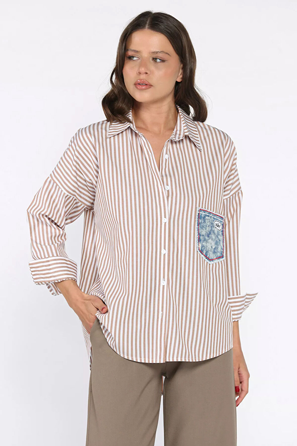 Çizgili Cepli Kadın Salaş Gömlek