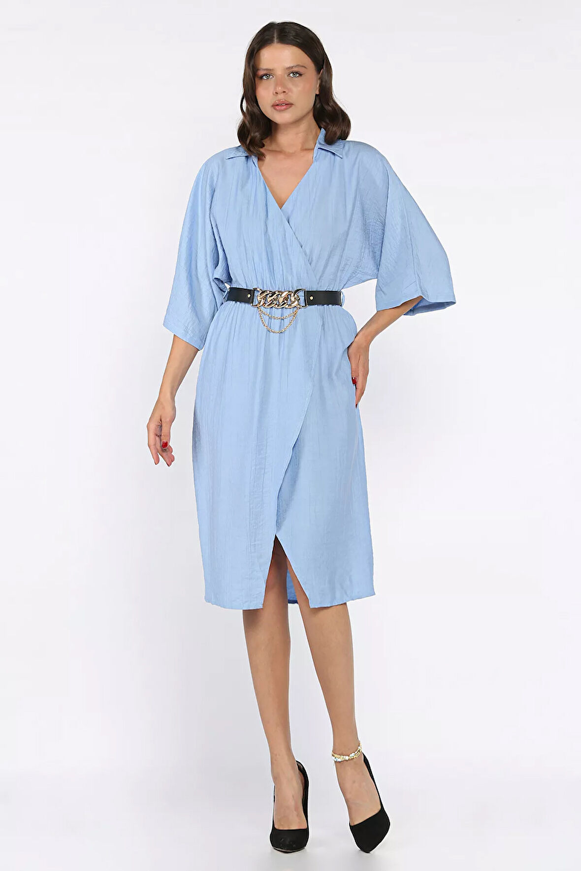 Kruvaze Yaka Kemerli Kadın Elbise