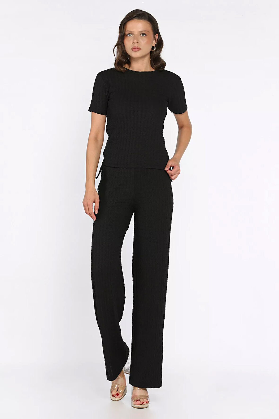 Yan Büzgülü Kadın Bluz Pantolon İkili Takım