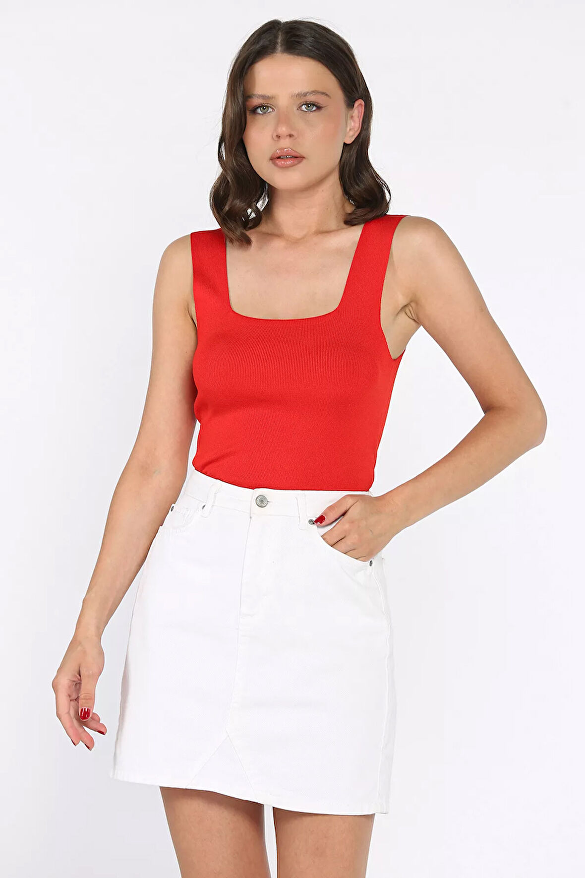 Kare Yaka Askılı Likralı Kadın Triko Bluz (s,m,l Uyumludur)