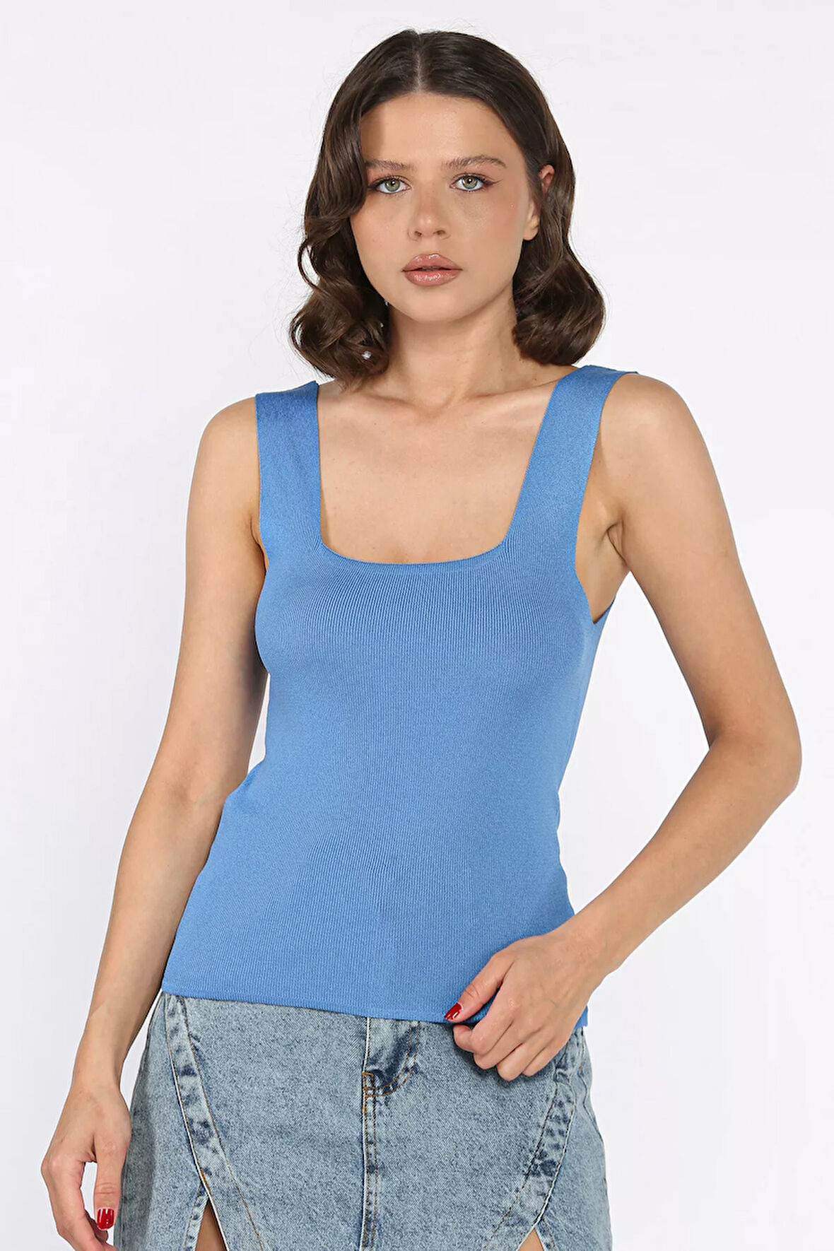 Kare Yaka Askılı Likralı Kadın Triko Bluz (s,m,l Uyumludur)