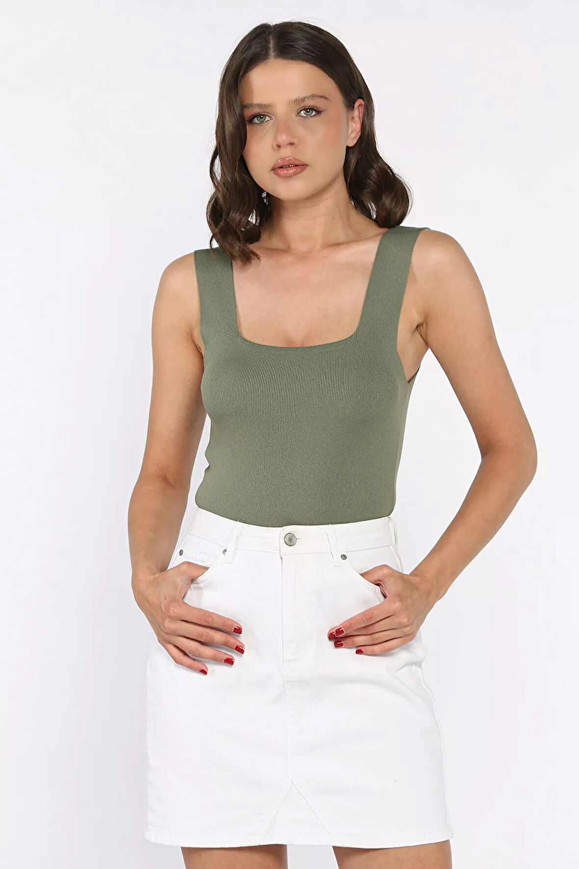 Kare Yaka Askılı Likralı Kadın Triko Bluz (s,m,l Uyumludur)