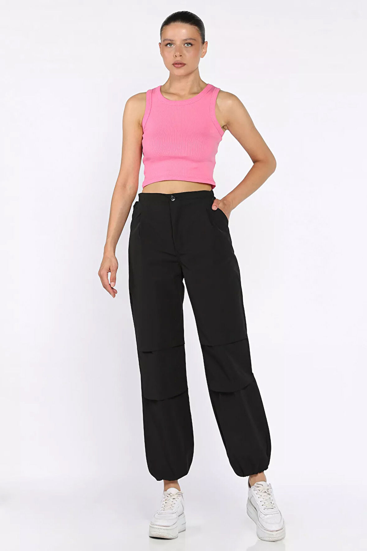 Kadın Bel Ve Paça Lastikli Yüksek Bel Paraşüt Pantolon