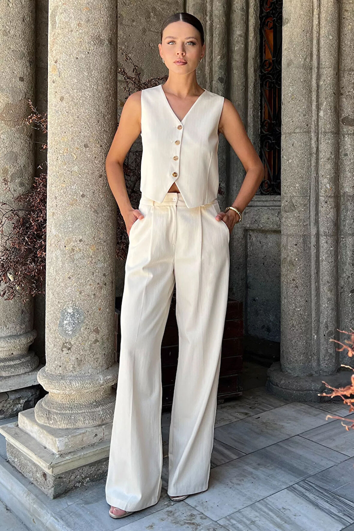 Kadın Astarlı Yelek Pantolon İkili Keten Takım