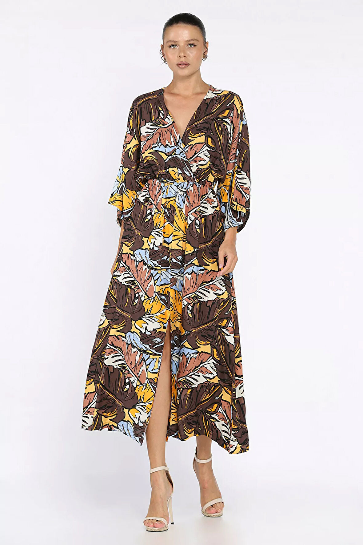 Kadın Kruvaze Yaka Bel Lastikli Yırtmaçlı Desenli Viskon Elbise