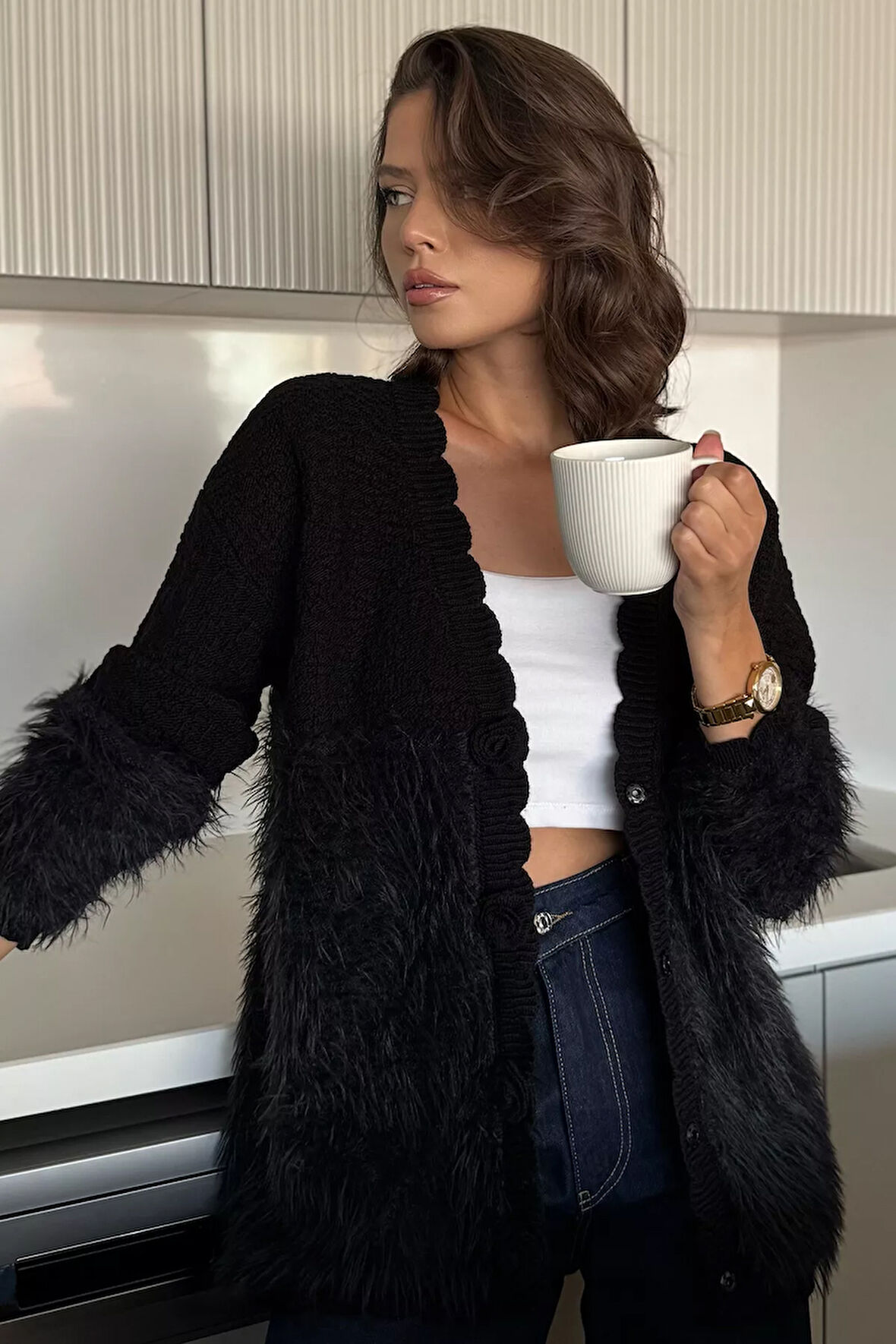 Gül Detaylı Sakallı Kadın Triko Hırka