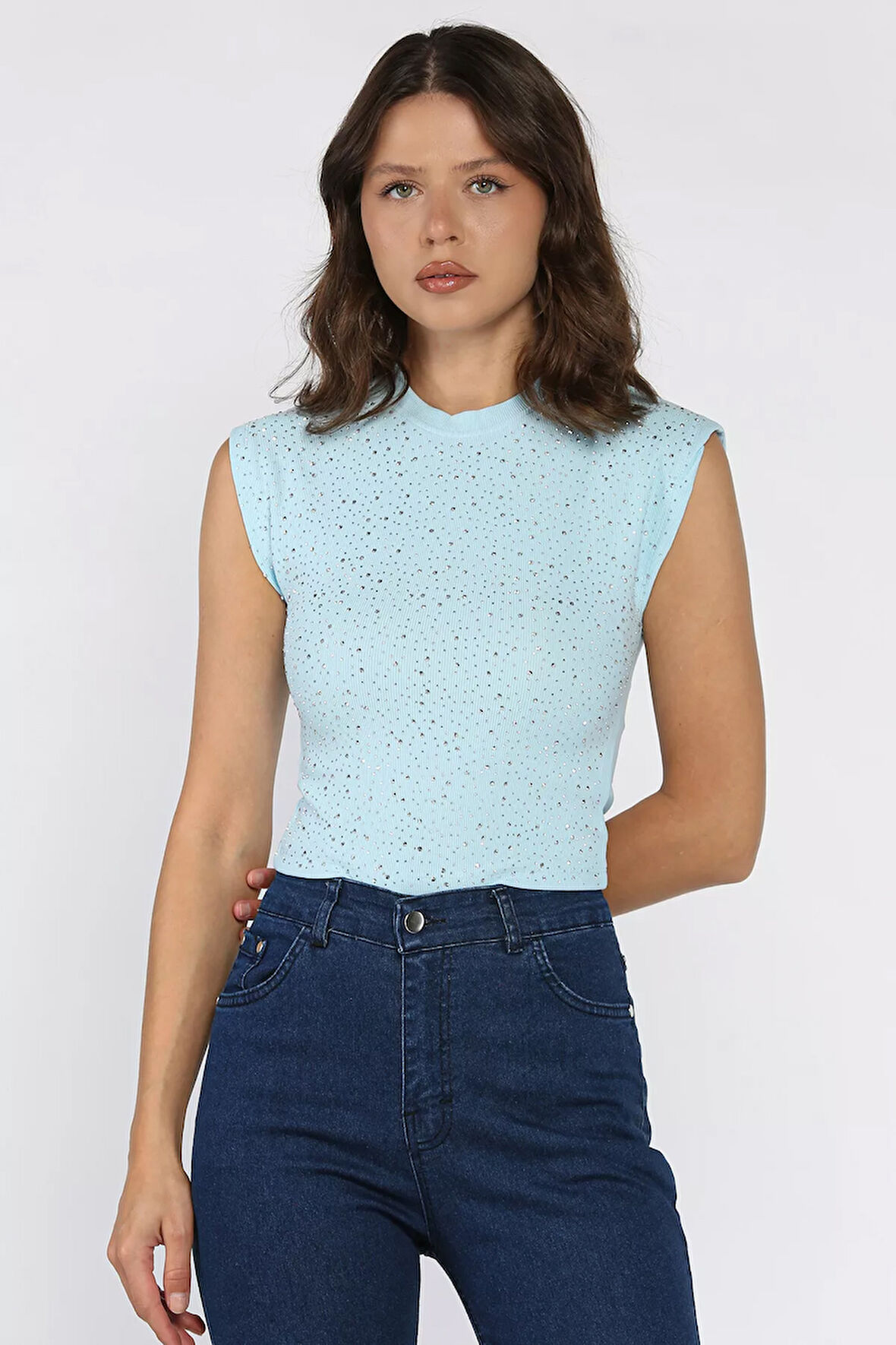 Taşlı Crop Top Bluz