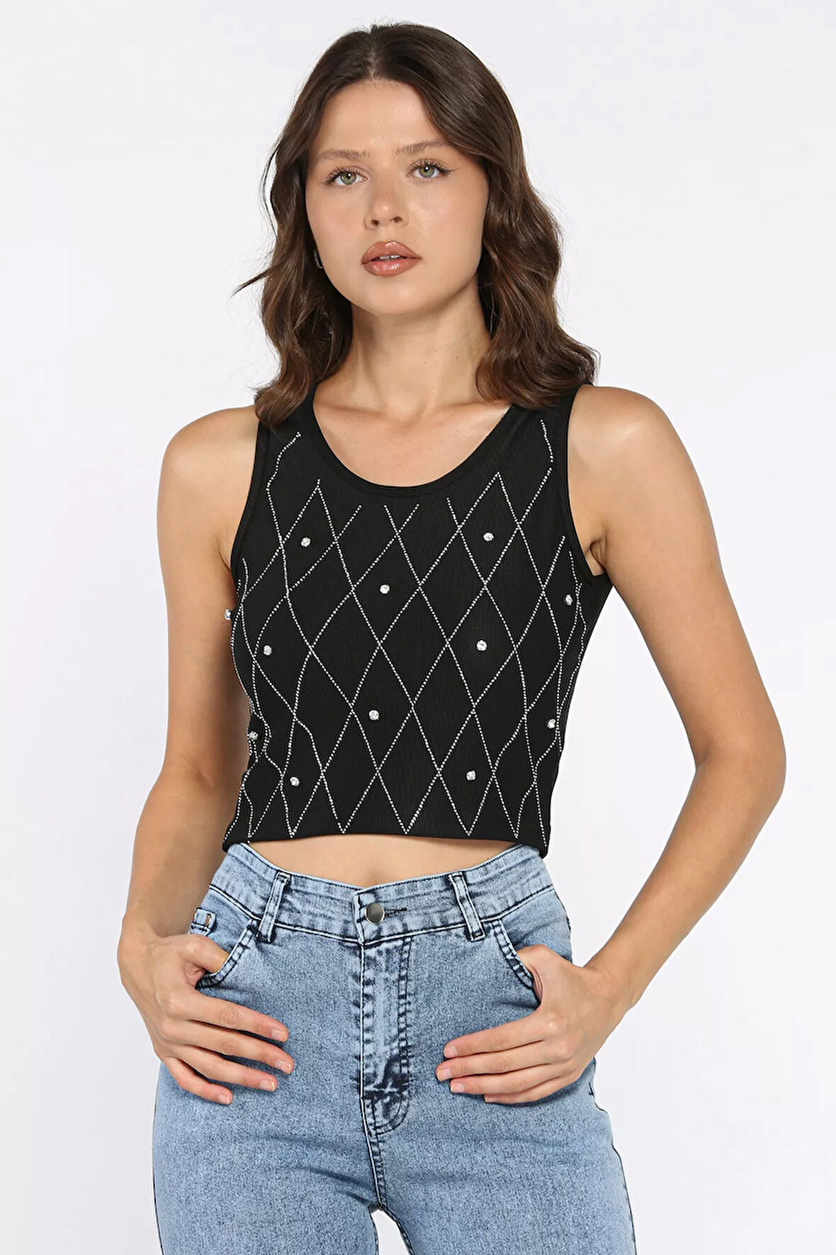 Taşlı Sıfır Kol Crop Top Bluz