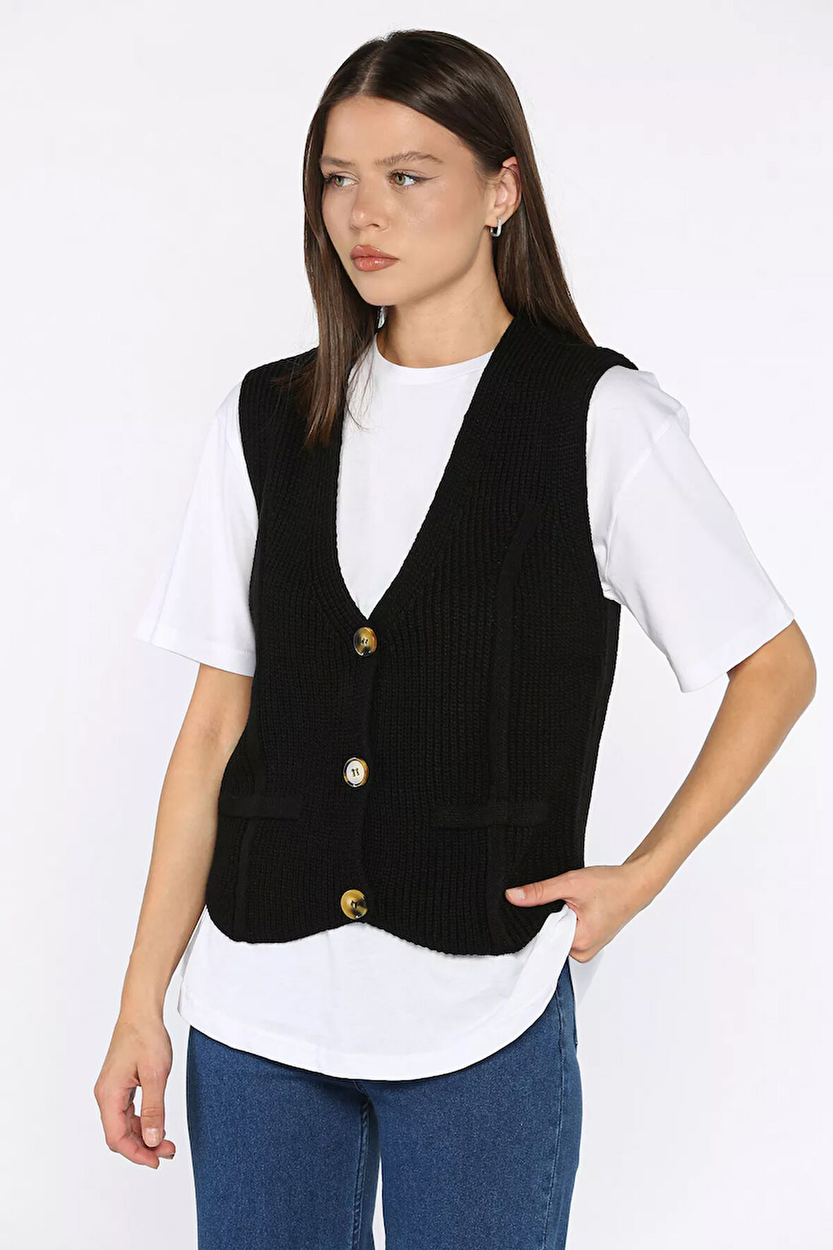 Kadın Düğmeli Triko Yelek (s-m-l-xl Uyumludur)