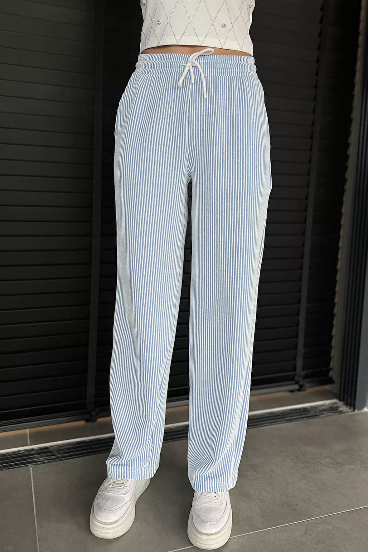 Kadın Su Yolu Çizgili Bol Paça Pantolon