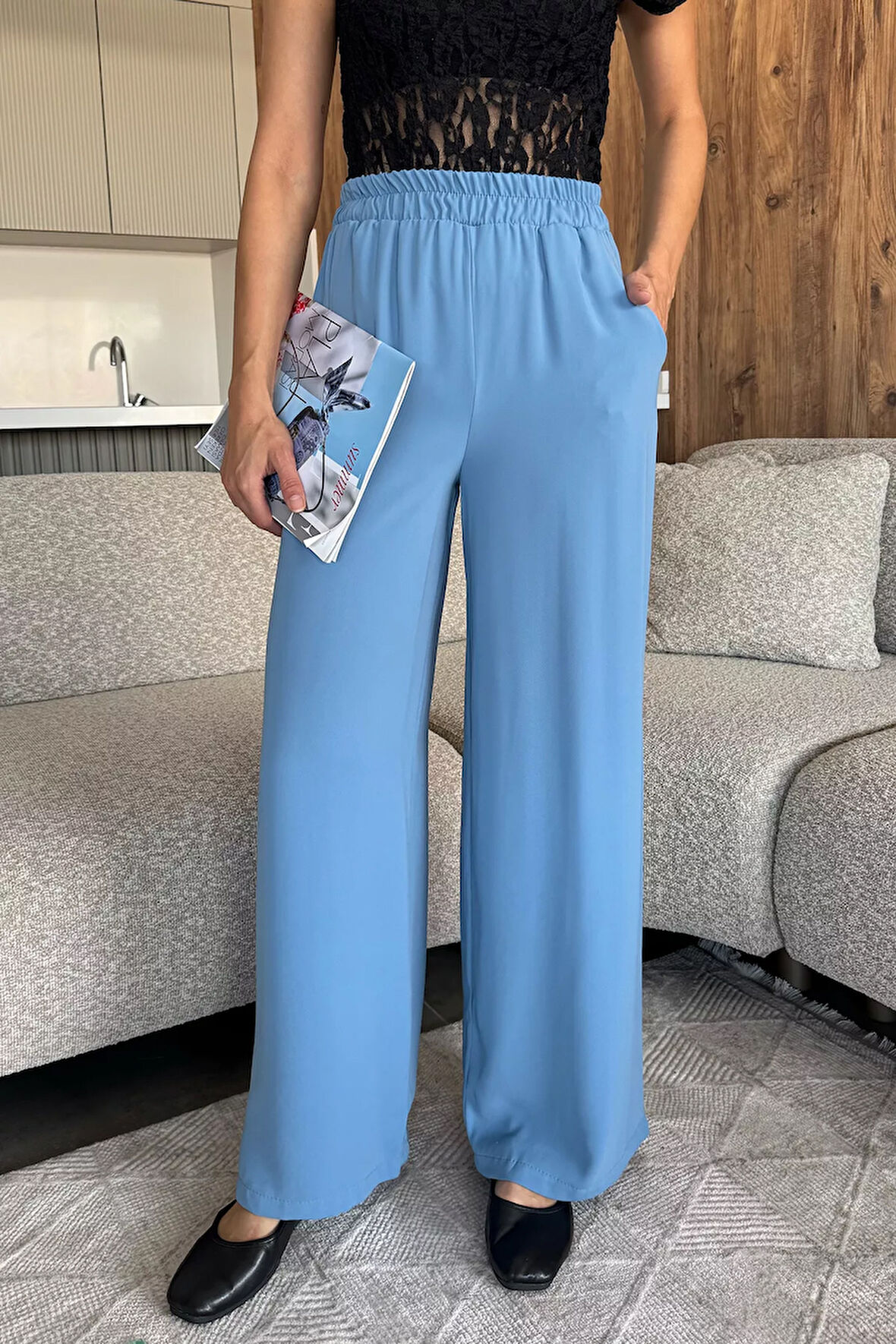 Kadın Bol Paça Bel Lastikli Kumaş Pantolon