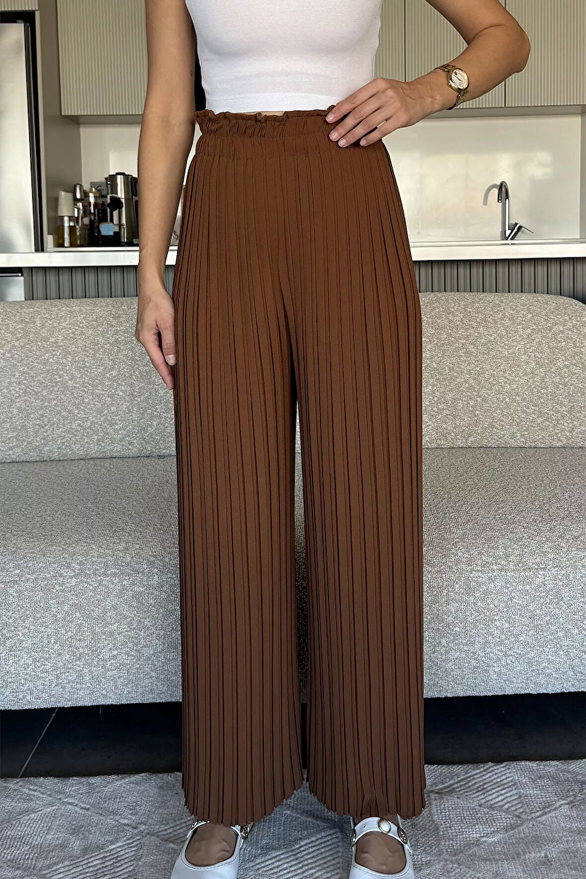 Kadın Bel Lastikli Piliseli Bol Kesim Pantolon