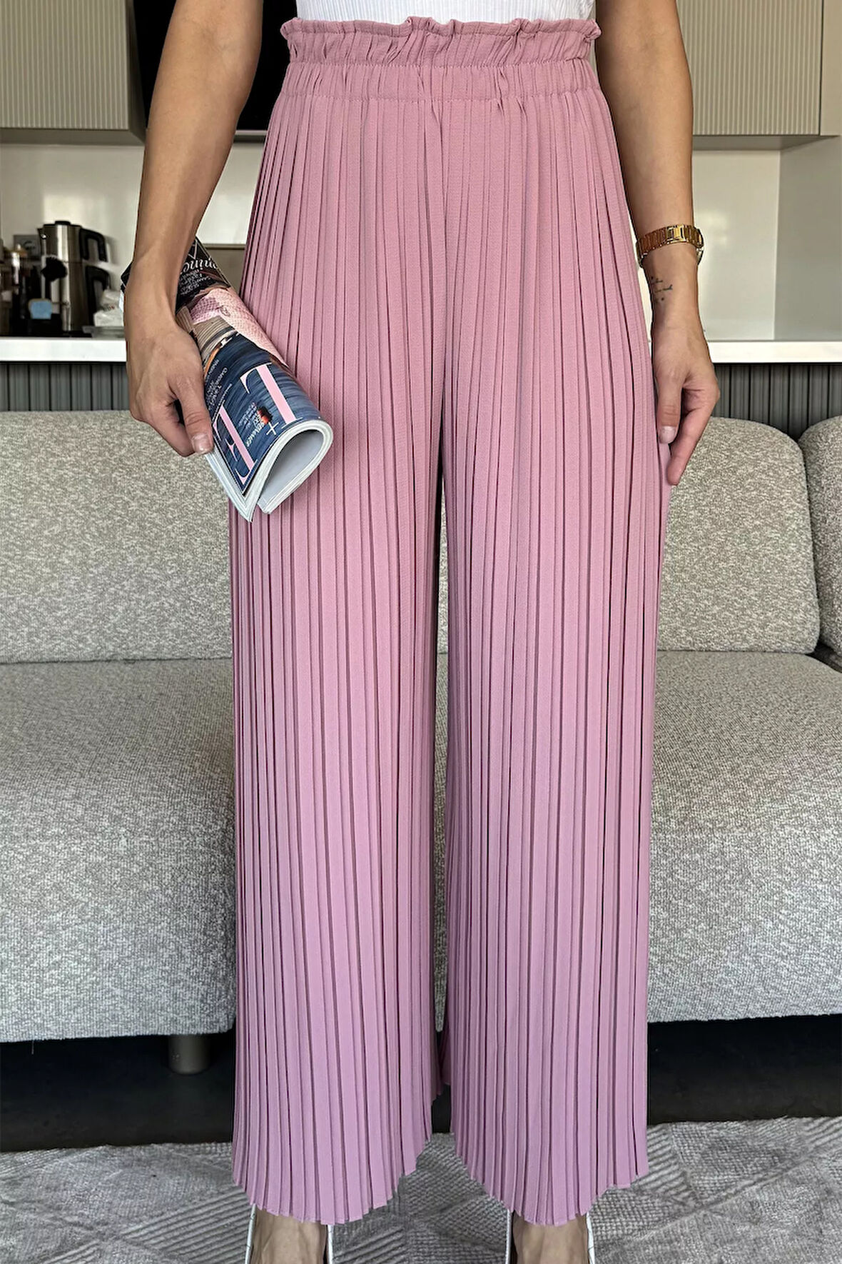 Kadın Bel Lastikli Piliseli Bol Kesim Pantolon