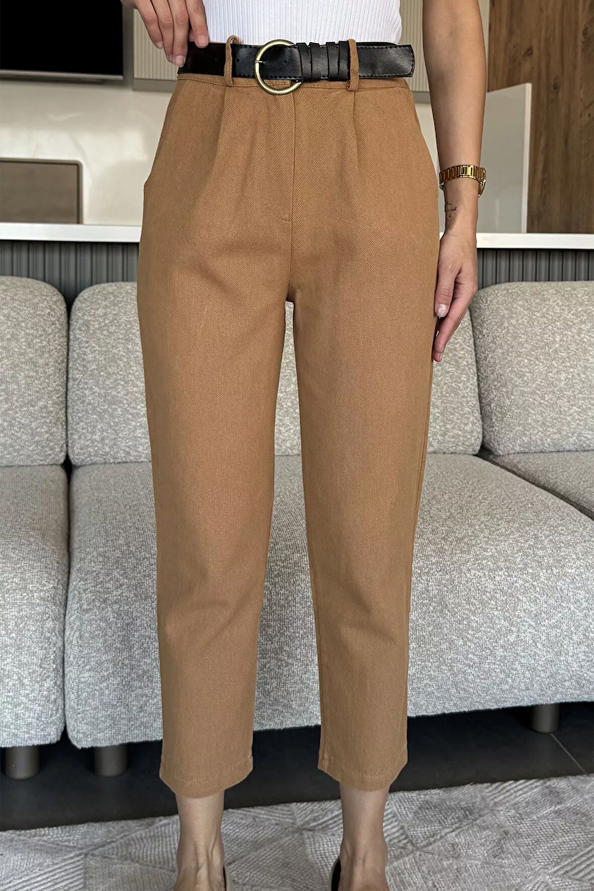 Kadın Kemer Aksesuarlı Yüksek Bel Gabardin Pantolon