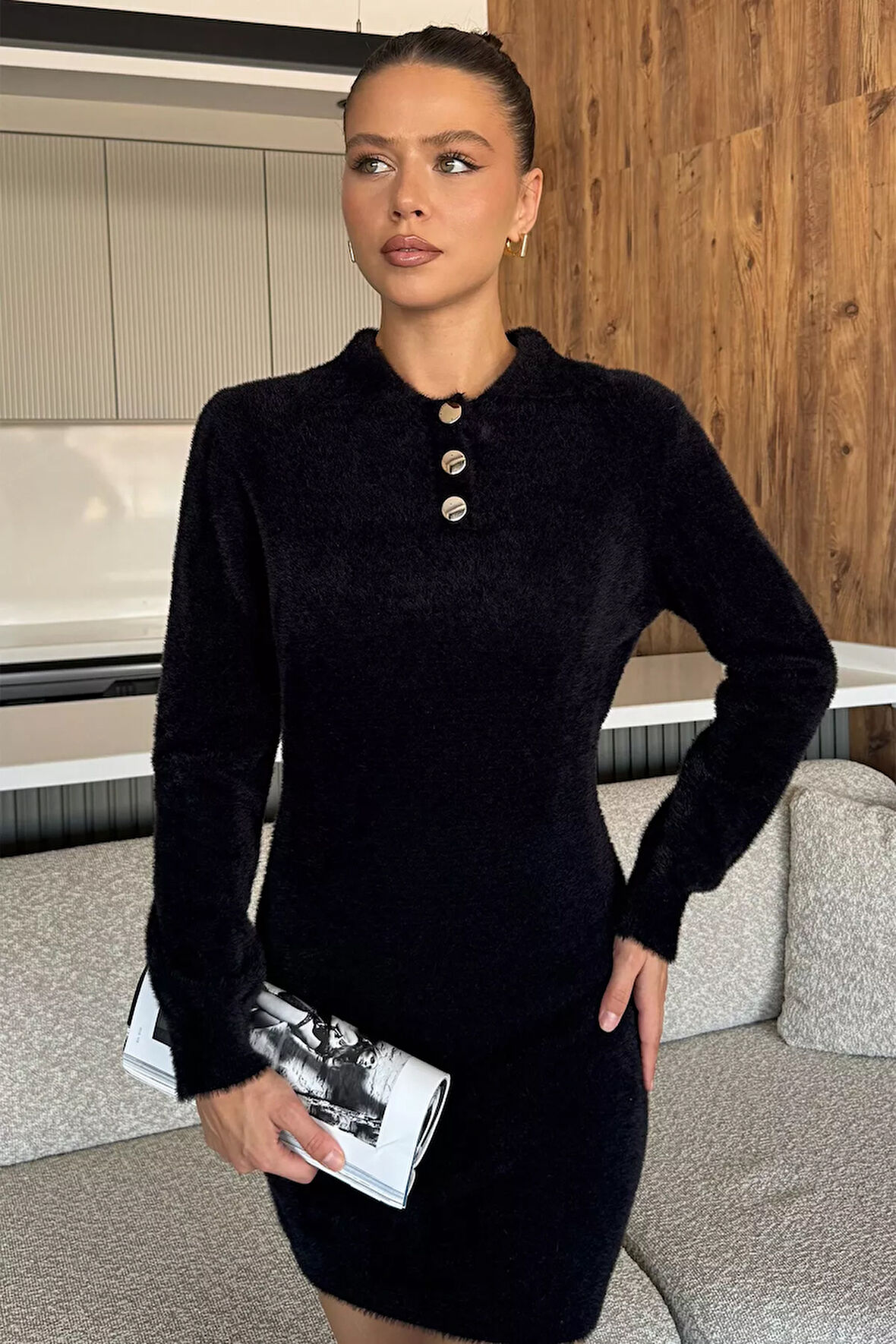 Kadın Polo Yaka Yumoş İplik Triko Mini Elbise (s-m-l Uyumludur)