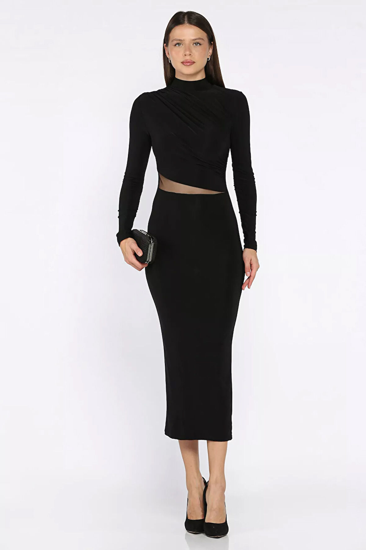 Kadın Omuz Ve Bel Drapeli Tül Detaylı Likralı Elbise