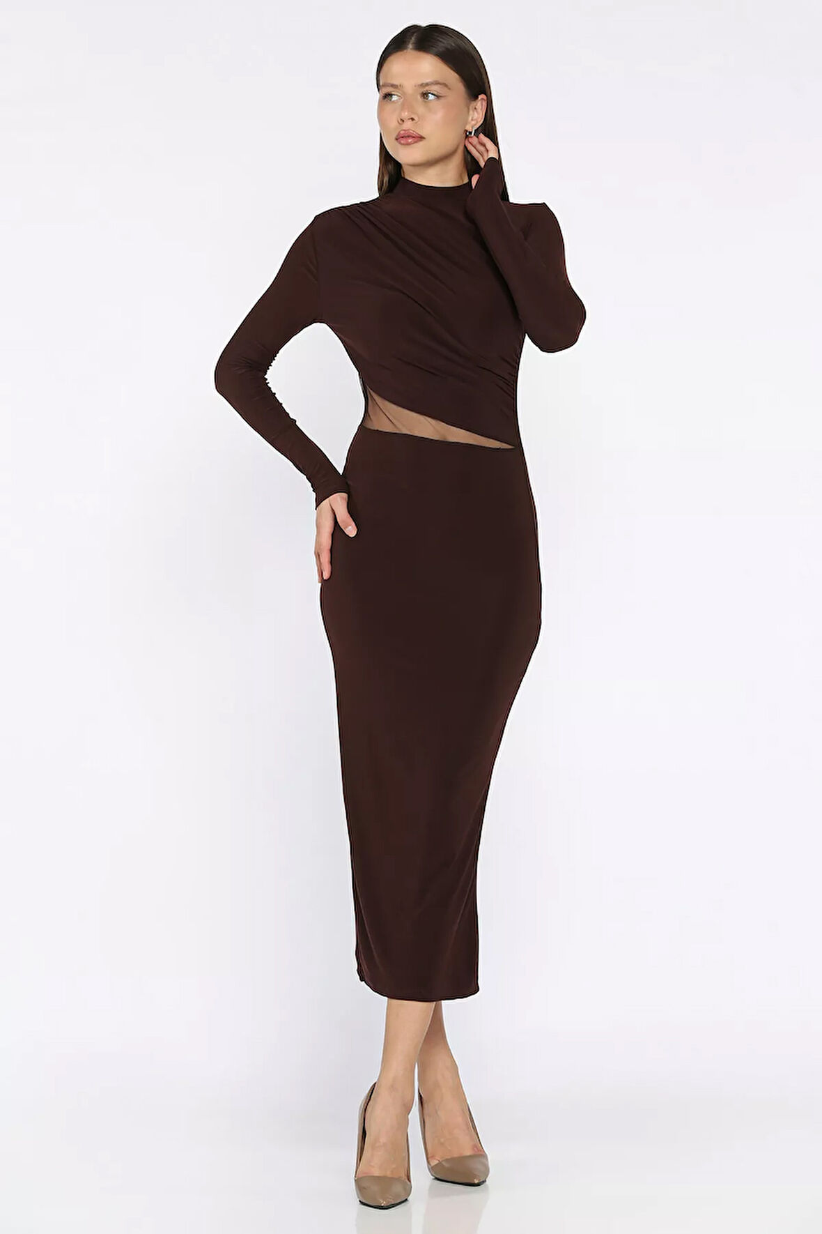 Kadın Omuz Ve Bel Drapeli Tül Detaylı Likralı Elbise