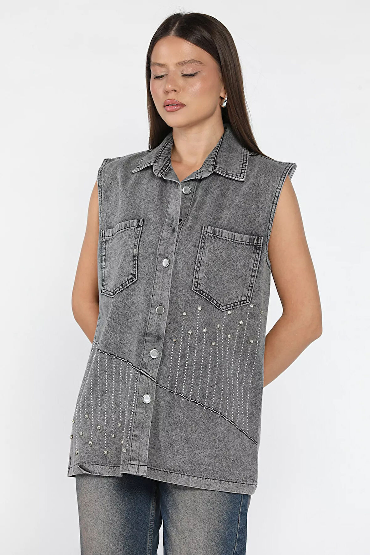 Kadın Çift Cepli Taş İşlemeli Jean Kot Yelek