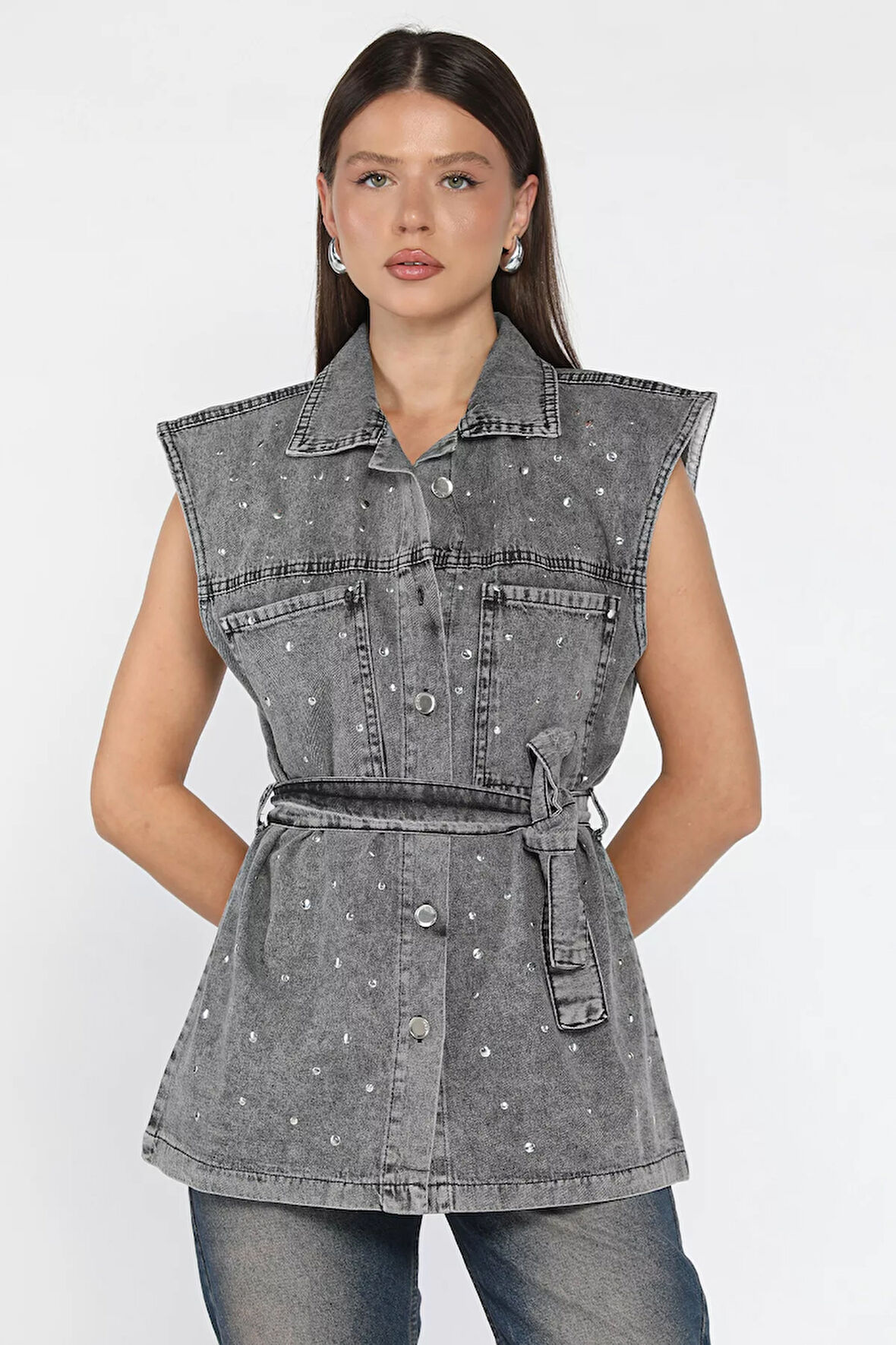 Kadın Zımba Detaylı Bel Kuşaklı Çift Cepli Jean Kot Yelek