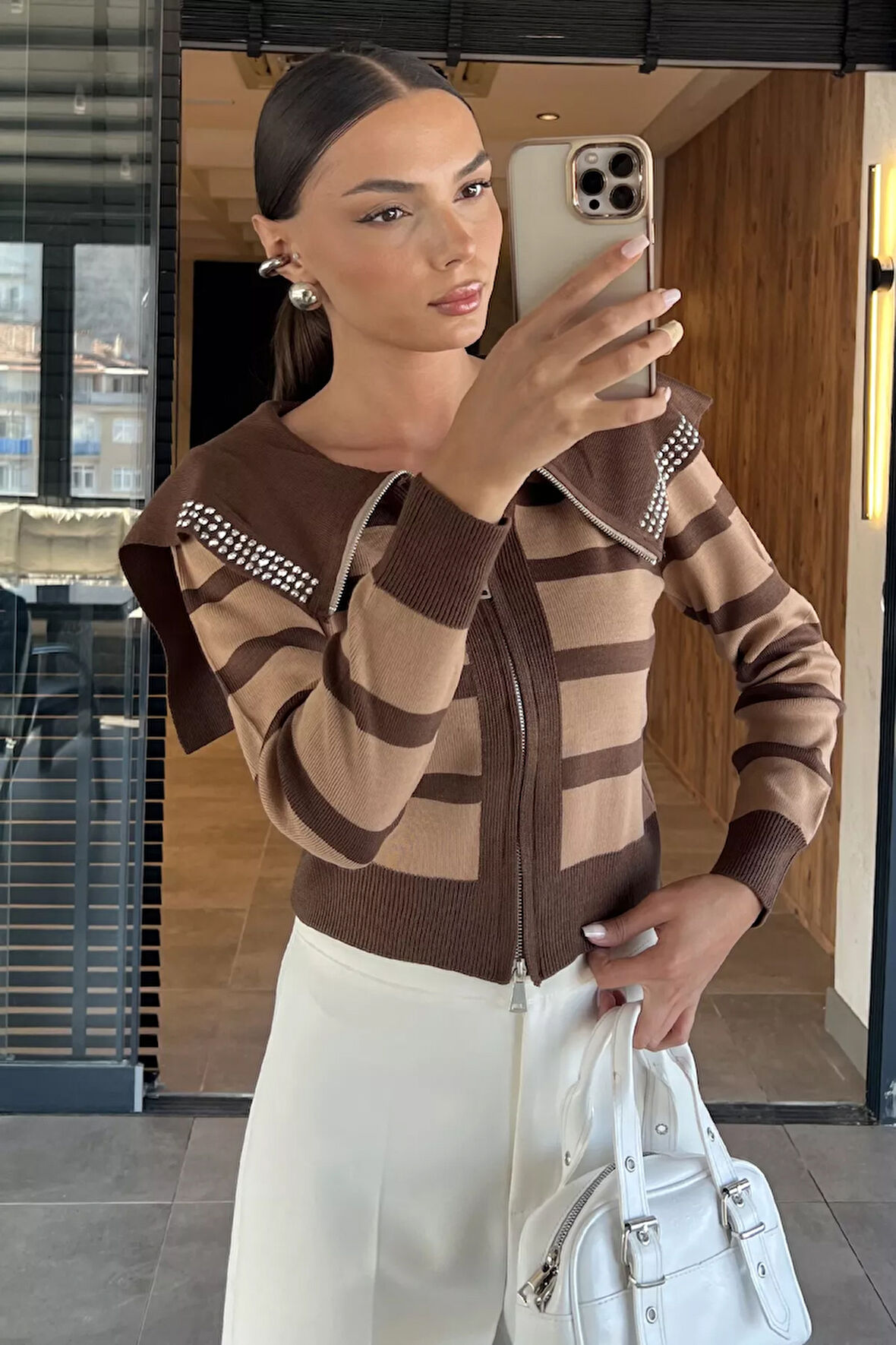 Yaka Detaylı Çizgili Triko Hırka (s,m,l Uyumludur)