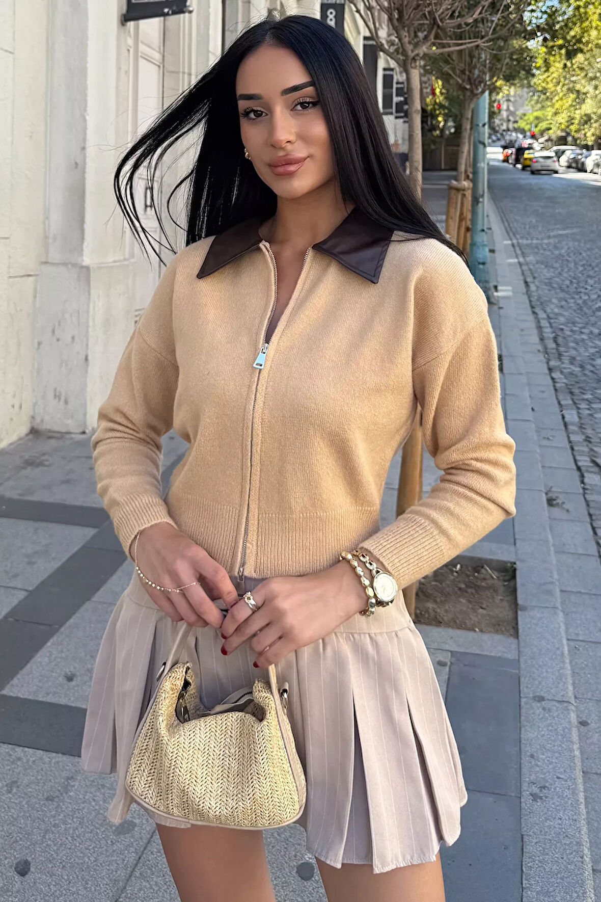 Kadın Polo Yaka Deri Garnili Fermuarlı Triko Hırka (s-m-l Beden Uyumludur.)