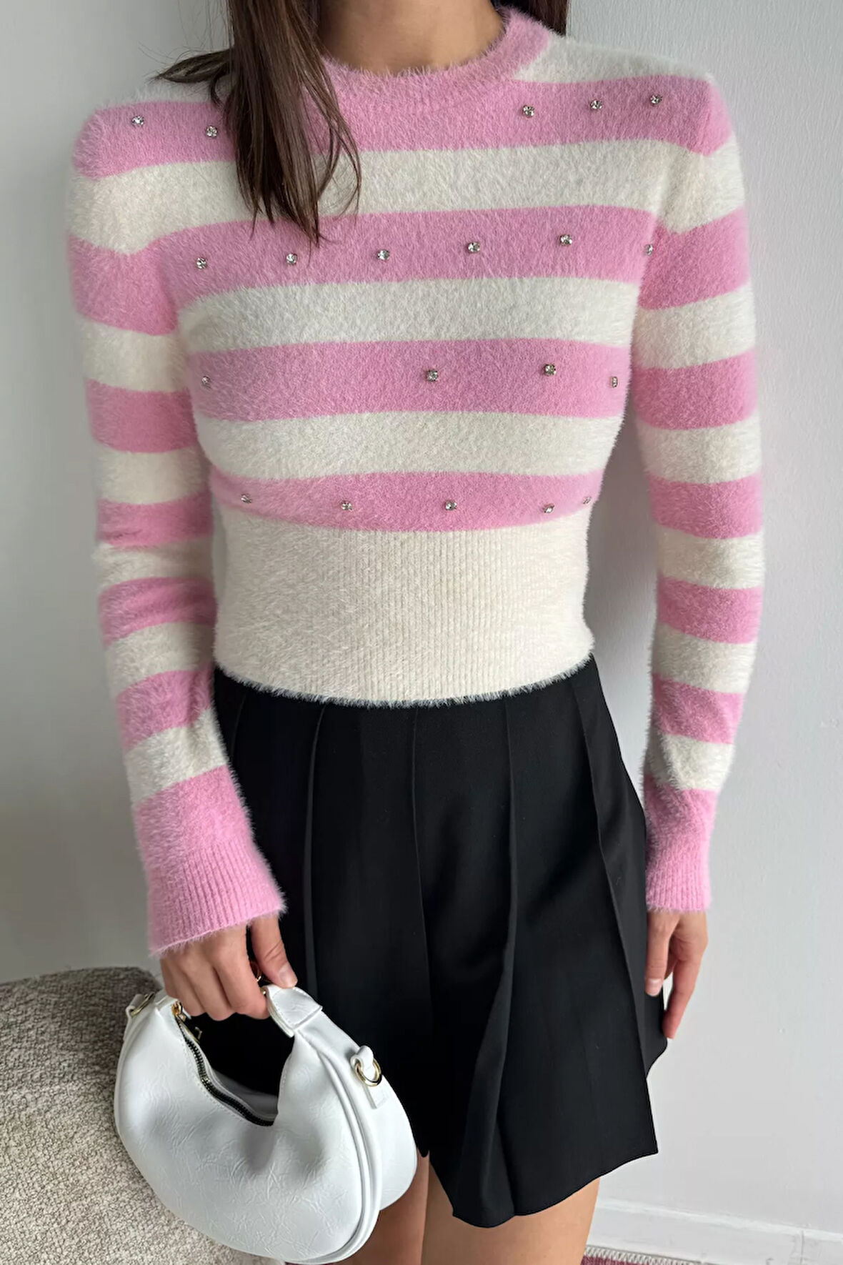 Kadın Taş Detaylı Crop Top Bluz