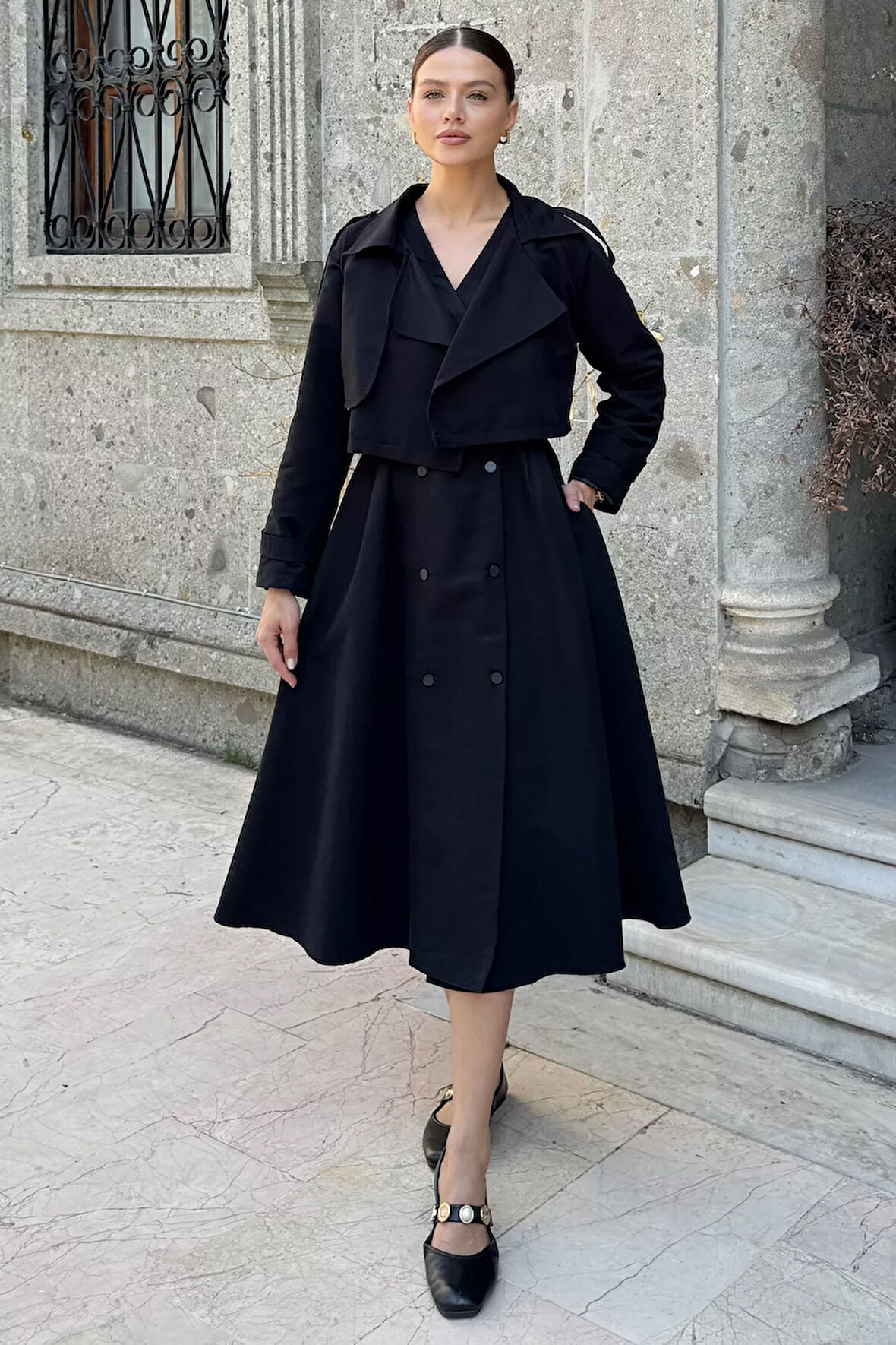 Kadın Trenç Kumaş Ceket Elbise İkili Takım