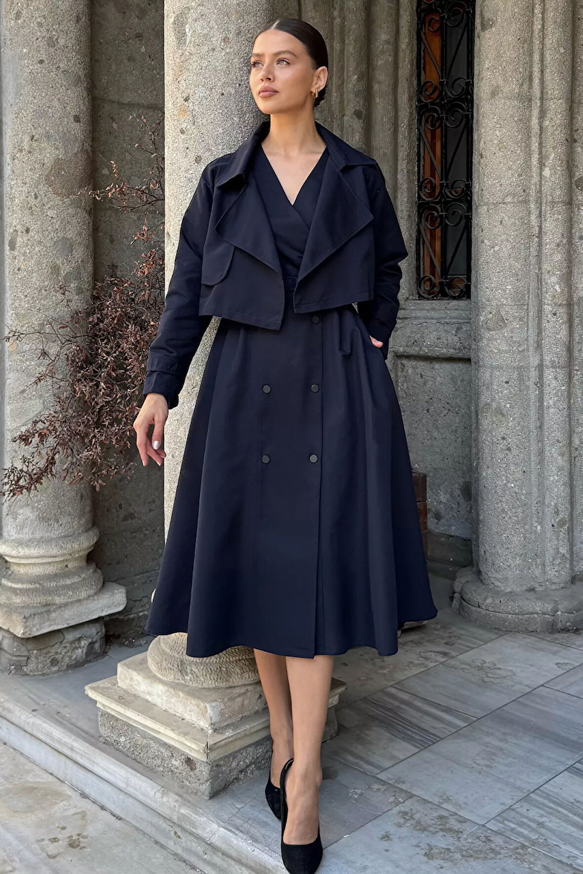 Kadın Trenç Kumaş Ceket Elbise İkili Takım