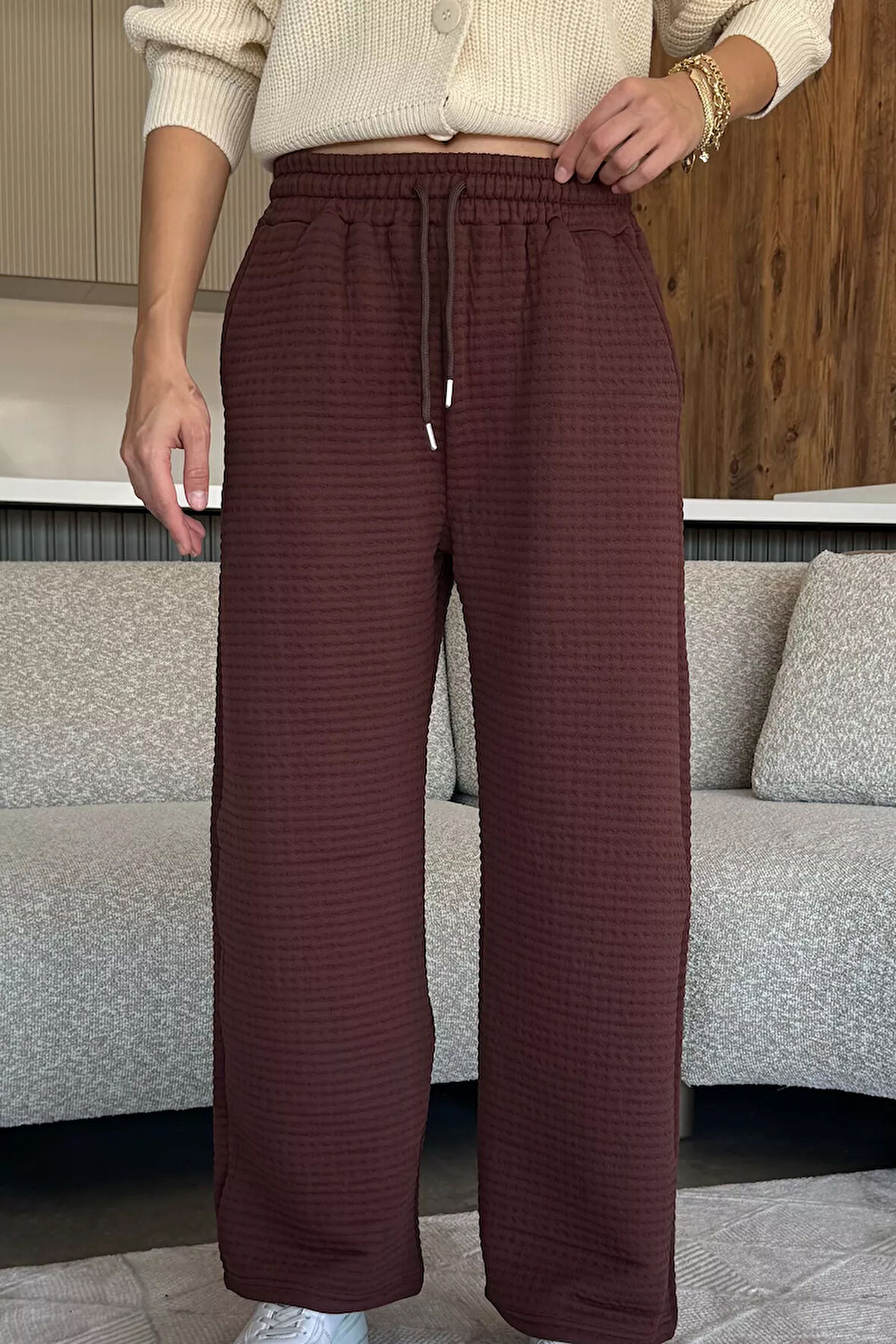 Desenli Bel Lastikli Kadın Palazzo Pantolon