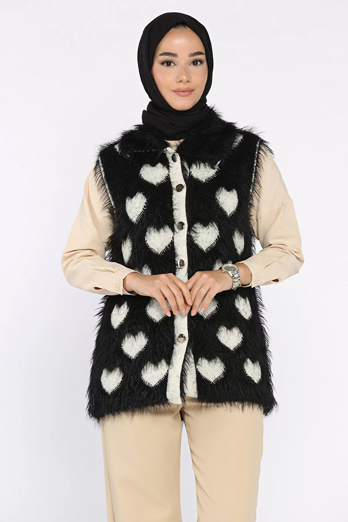 Kadın Kalpli Sakallı Triko Yelek (s-m-l Uyumludur)