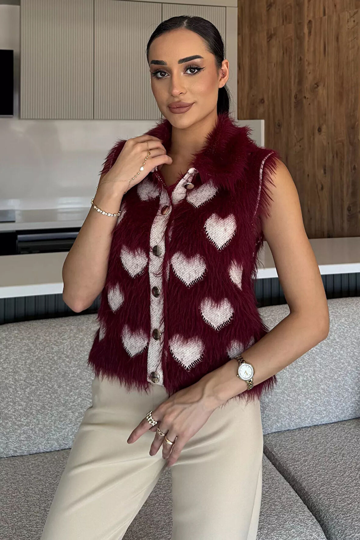 Sakallı Kalpli Kadın Triko Yelek (s-m-l Uyumludur)