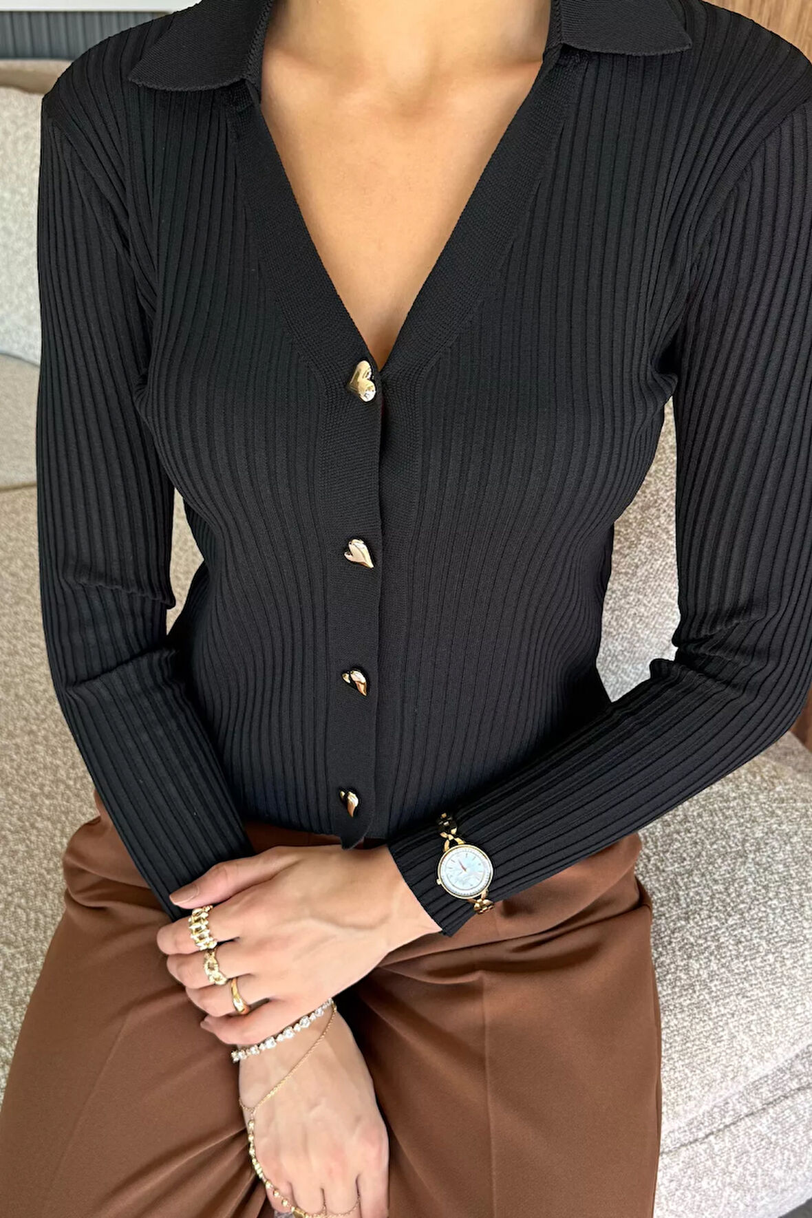 Kadın Polo Yaka Gold Düğmeli Triko Hırka (s-m-l Beden Uyumludur.)