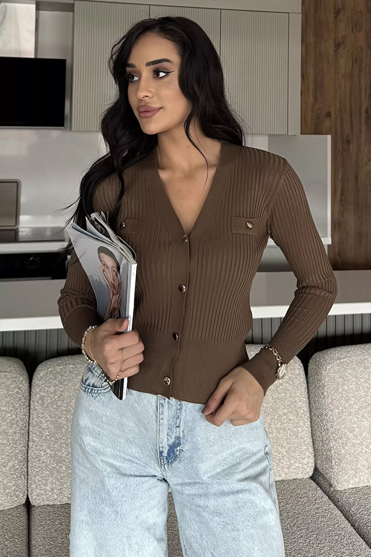 Kadın Kendinden Çizgi Desenli Gold Düğme Detaylı Triko Hırka (s-m-l Beden Uyumludur.)