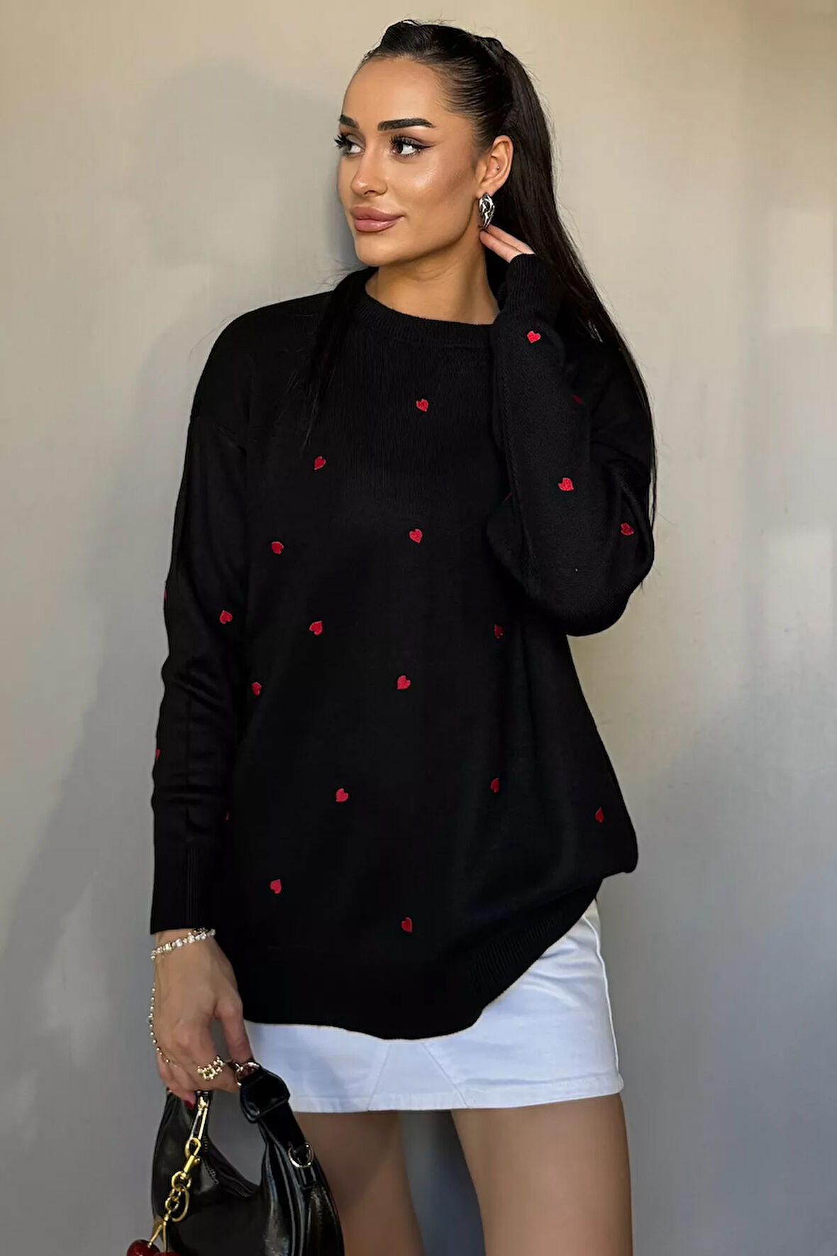 Kadın Kalp Nakışlı Triko Kazak