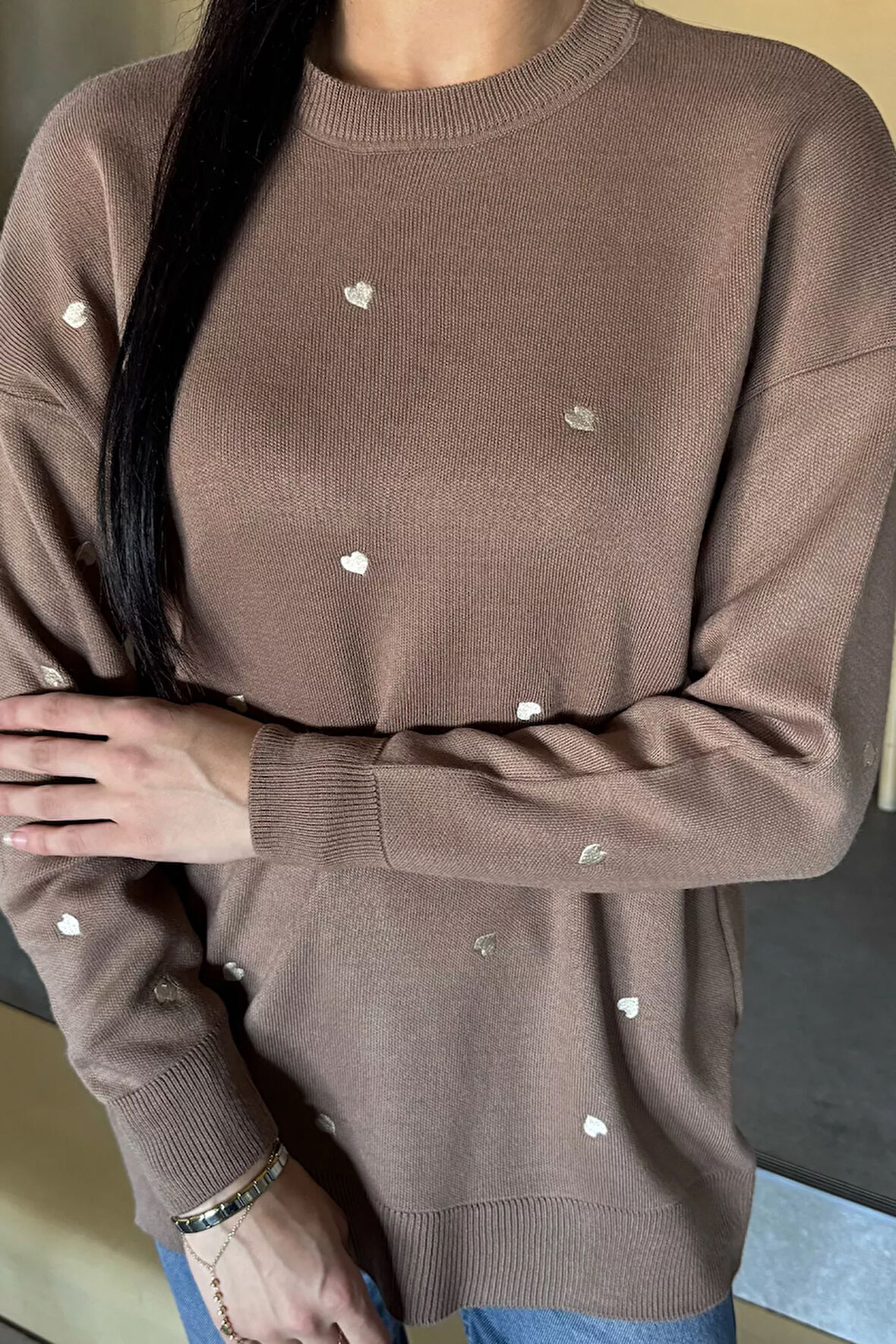 Kadın Kalp Nakışlı Triko Kazak