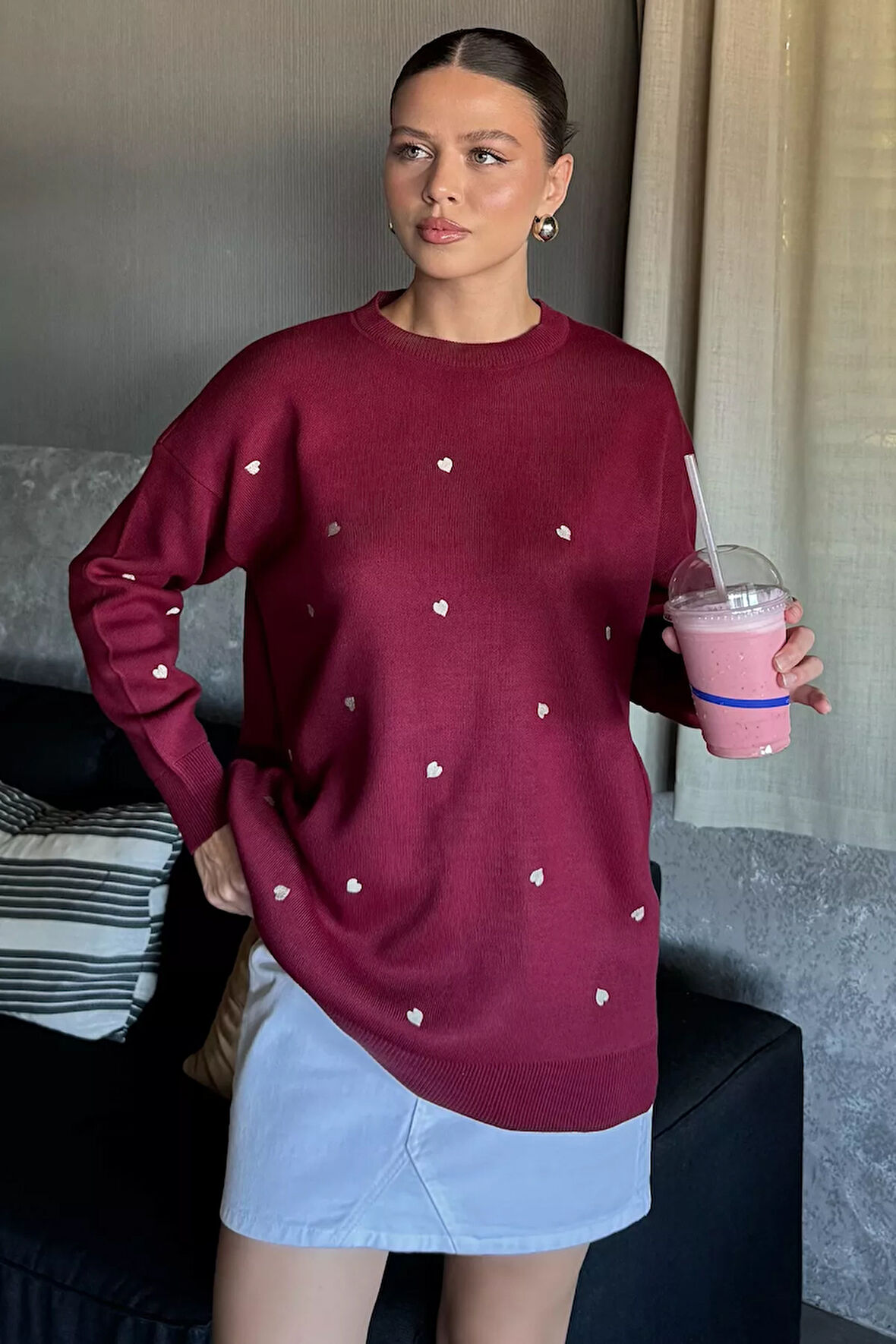 Kadın Kalp Nakışlı Triko Kazak