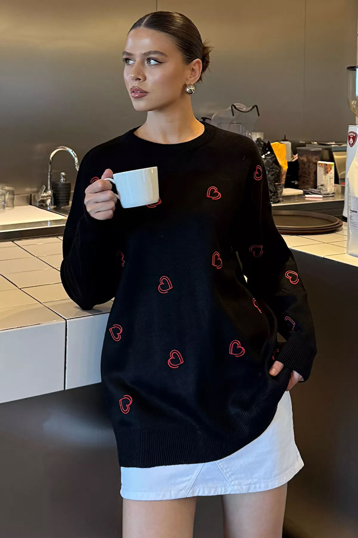 Kalp Nakışlı Kadın Triko Kazak