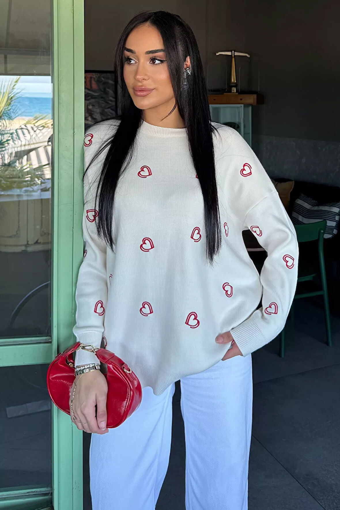 Kalp Nakışlı Kadın Triko Kazak