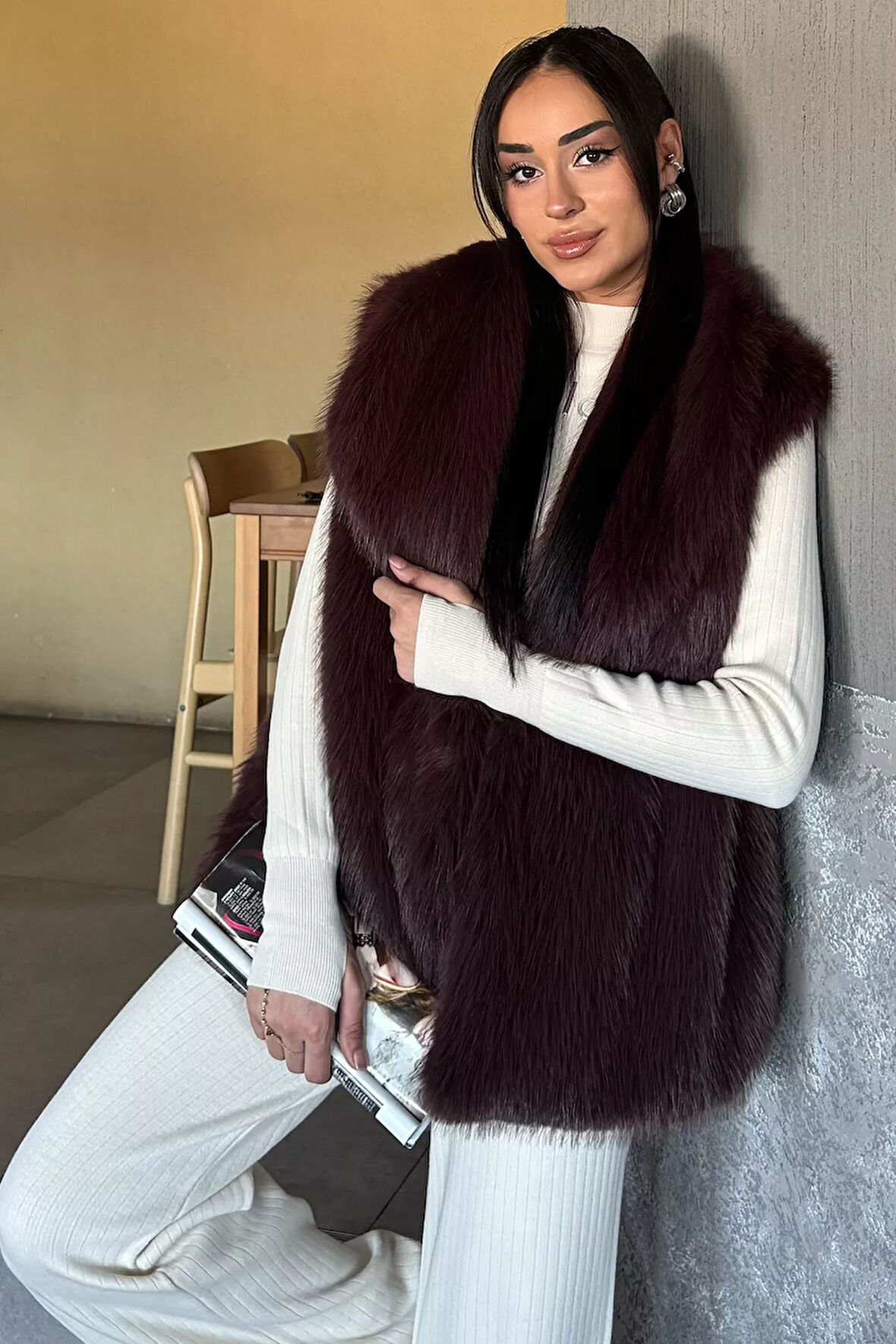 Kadın İç Astarlı Sakallı Kürklü Yelek (s-m-l-xl Beden Uyumludur.)