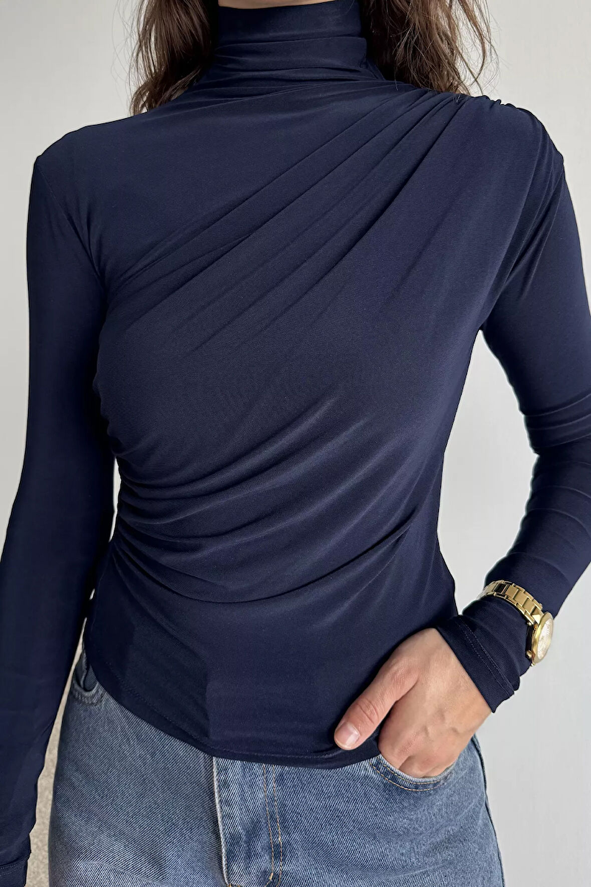 Omuz Ve Bel Drapeli Uzun Kol Bluz