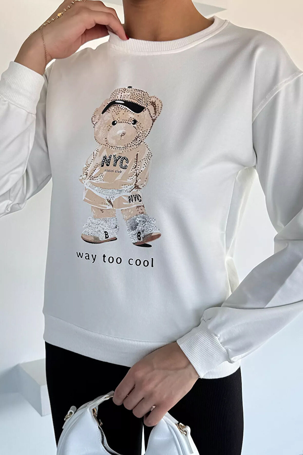 Kadın Bisiklet Yaka Baskılı Taş İşlemeli Sweatshirt