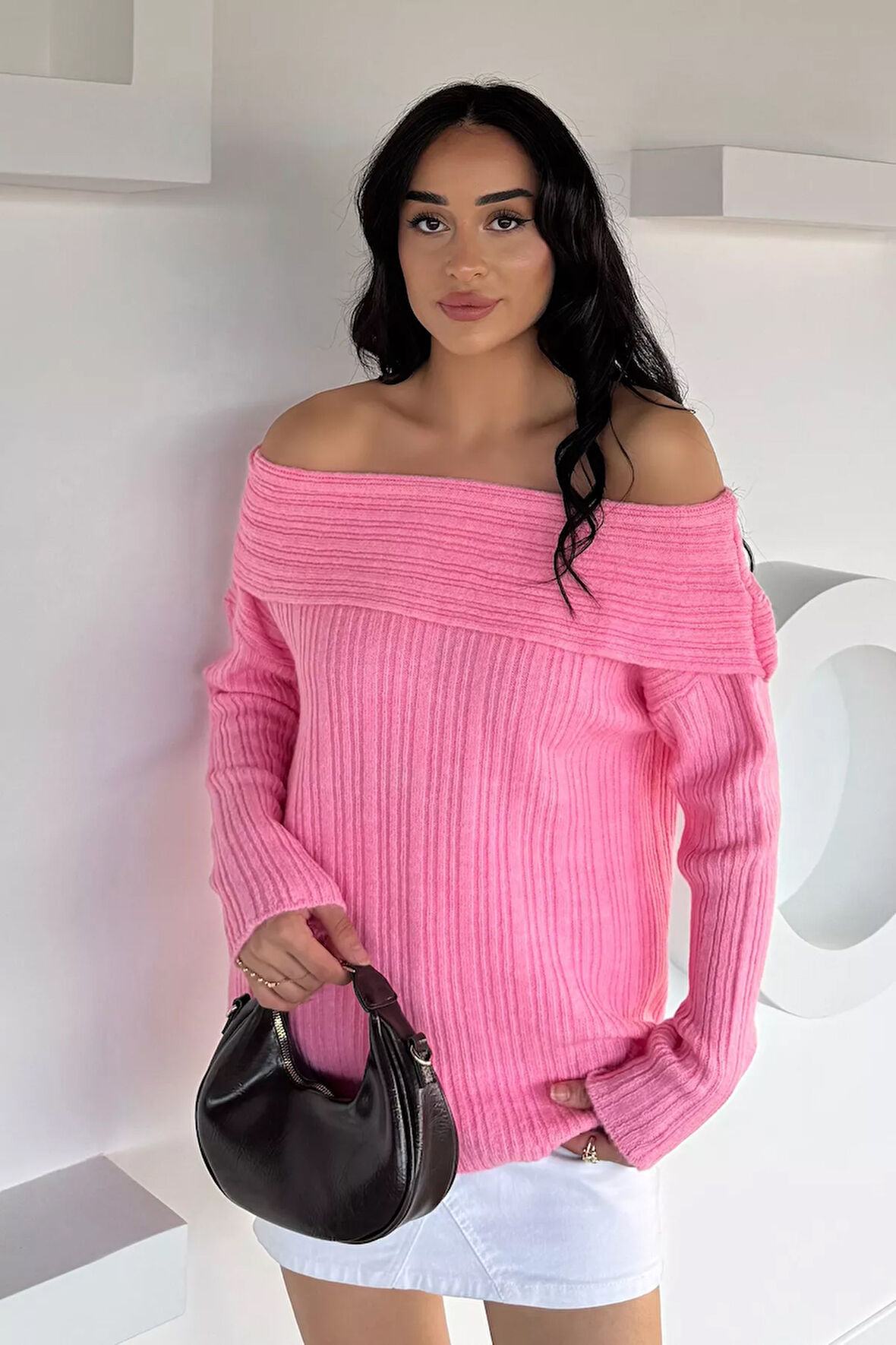 Kadın Madonna Yaka Kendinden Çizgi Desenli Triko Bluz